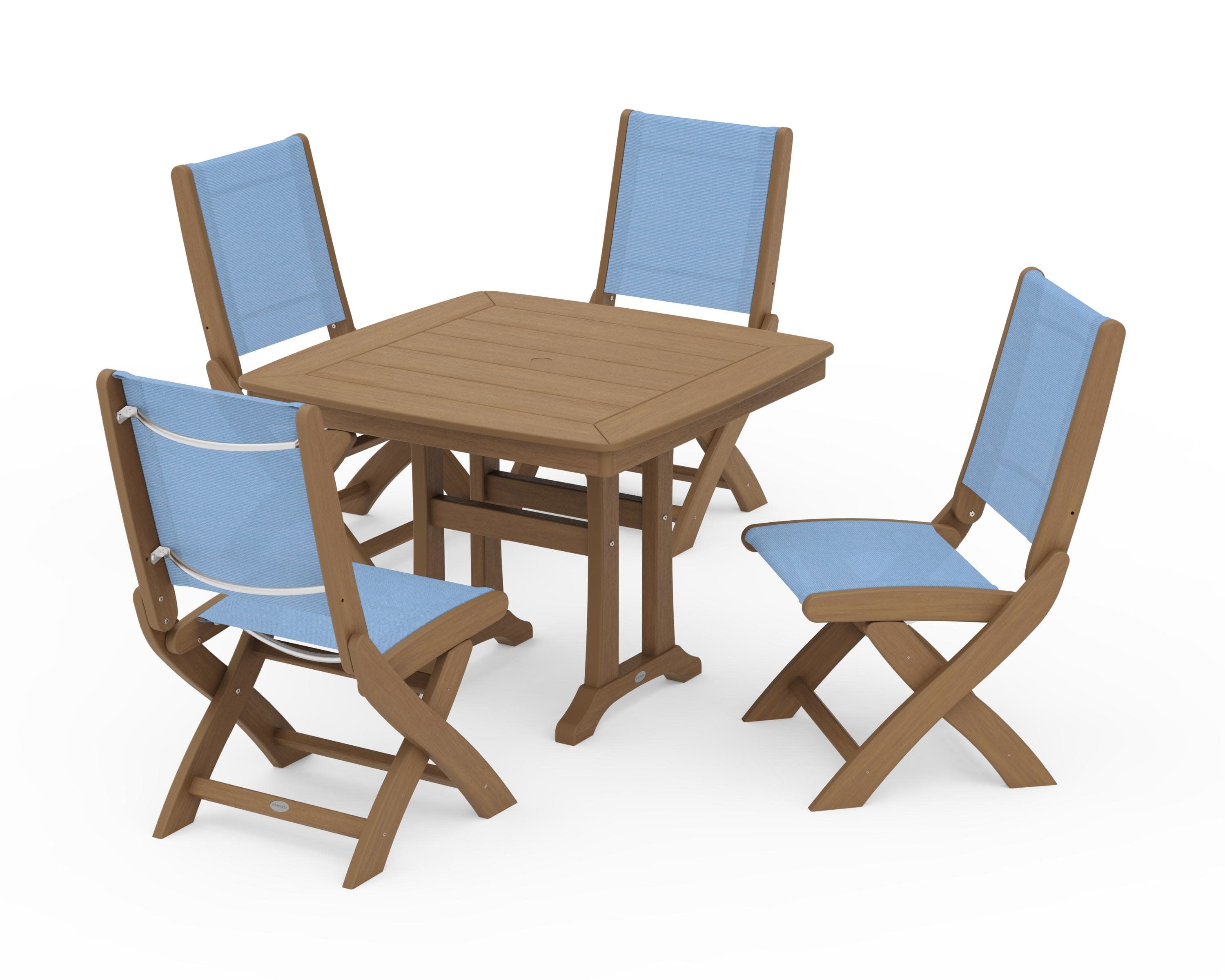 Coastal Folding Side Chair 5-Piece Dining Set with Trestle Legs in Natural / Poolside Sling