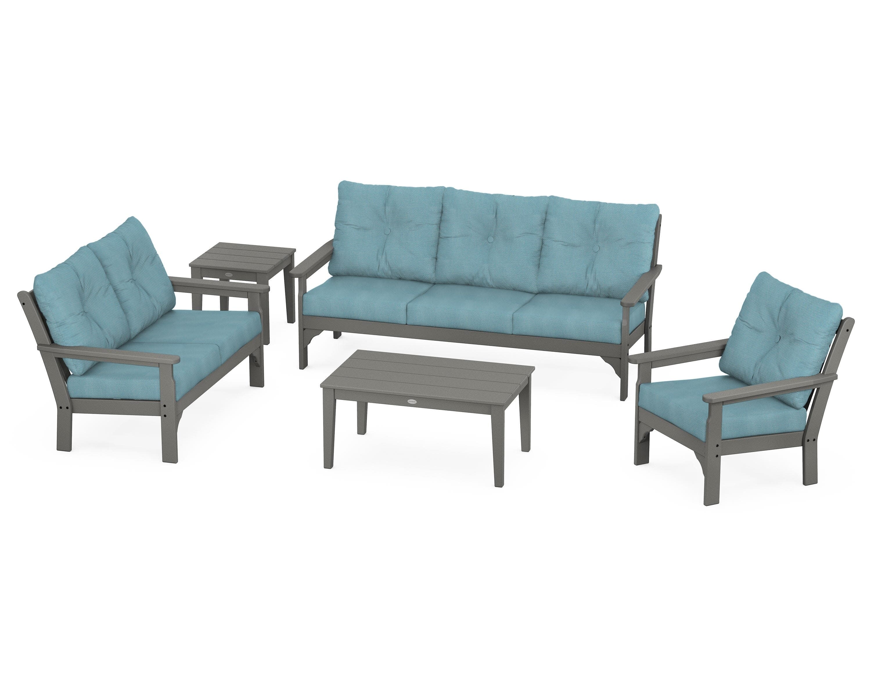 Vineyard 5 Piece Deep Seating Set in Slate Grey / Lattice Sky Blue
