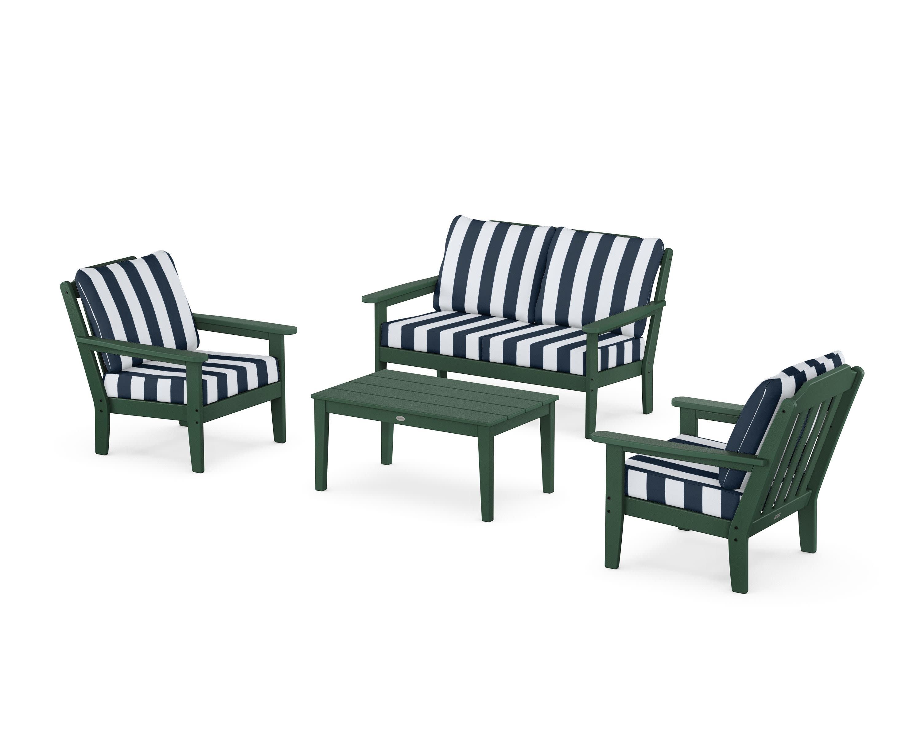 Cottage 4-Piece Deep Seating Set with Loveseat in Green / Cabana Stripe Marine Indigo
