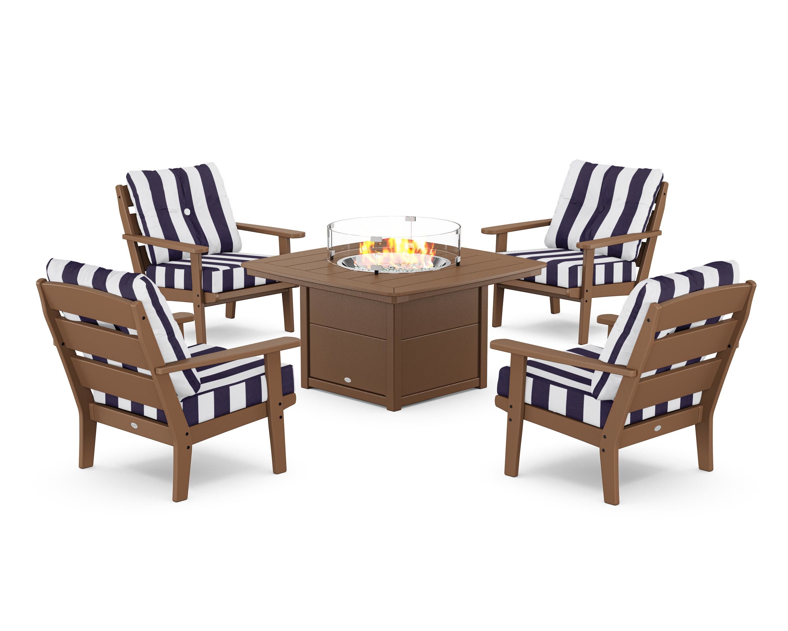 Lakeside 5-Piece Deep Seating Set with Nautical Fire Pit Table in Teak / Cabana Stripe Navy
