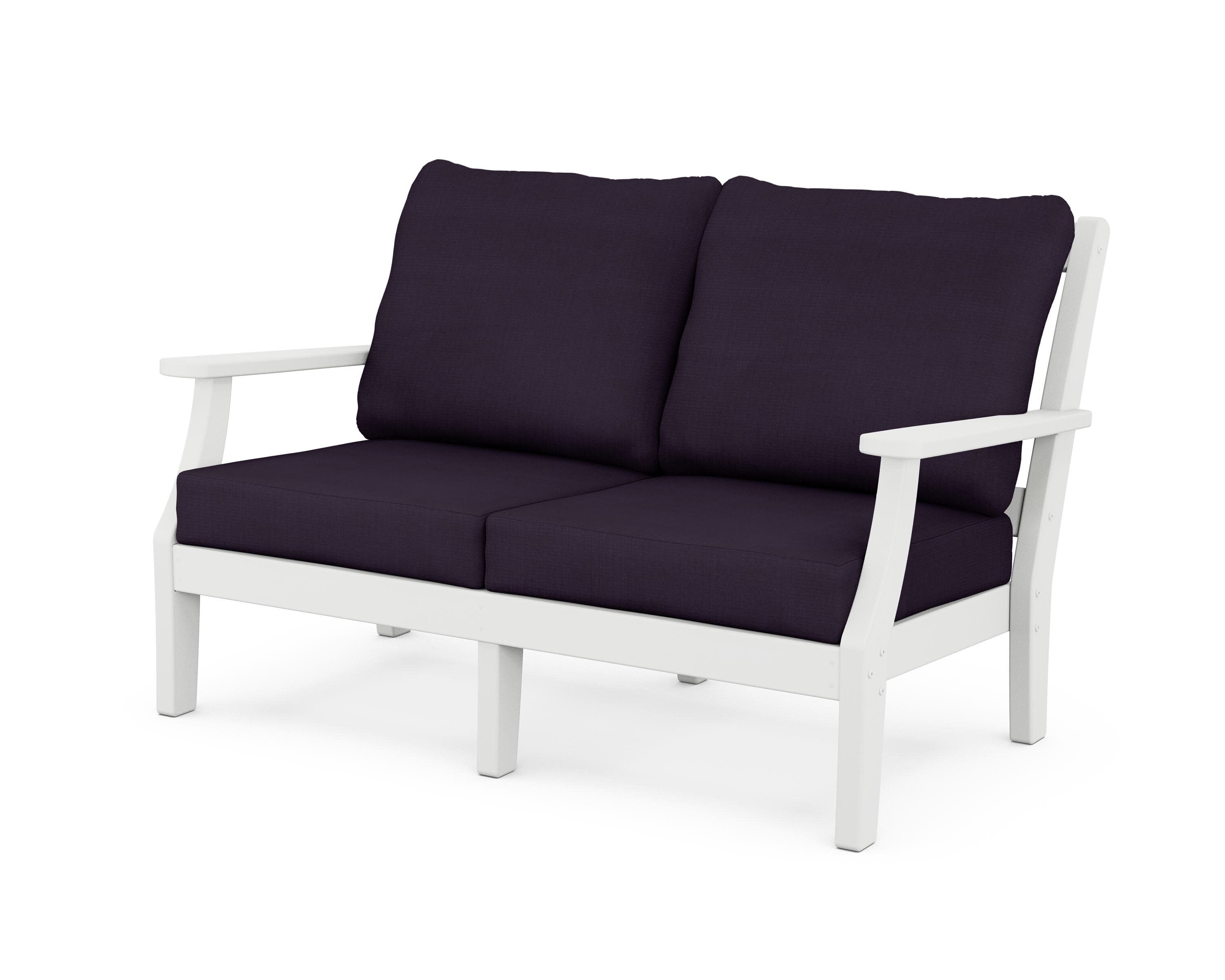 Chinoiserie Deep Seating Loveseat in White / Navy Linen