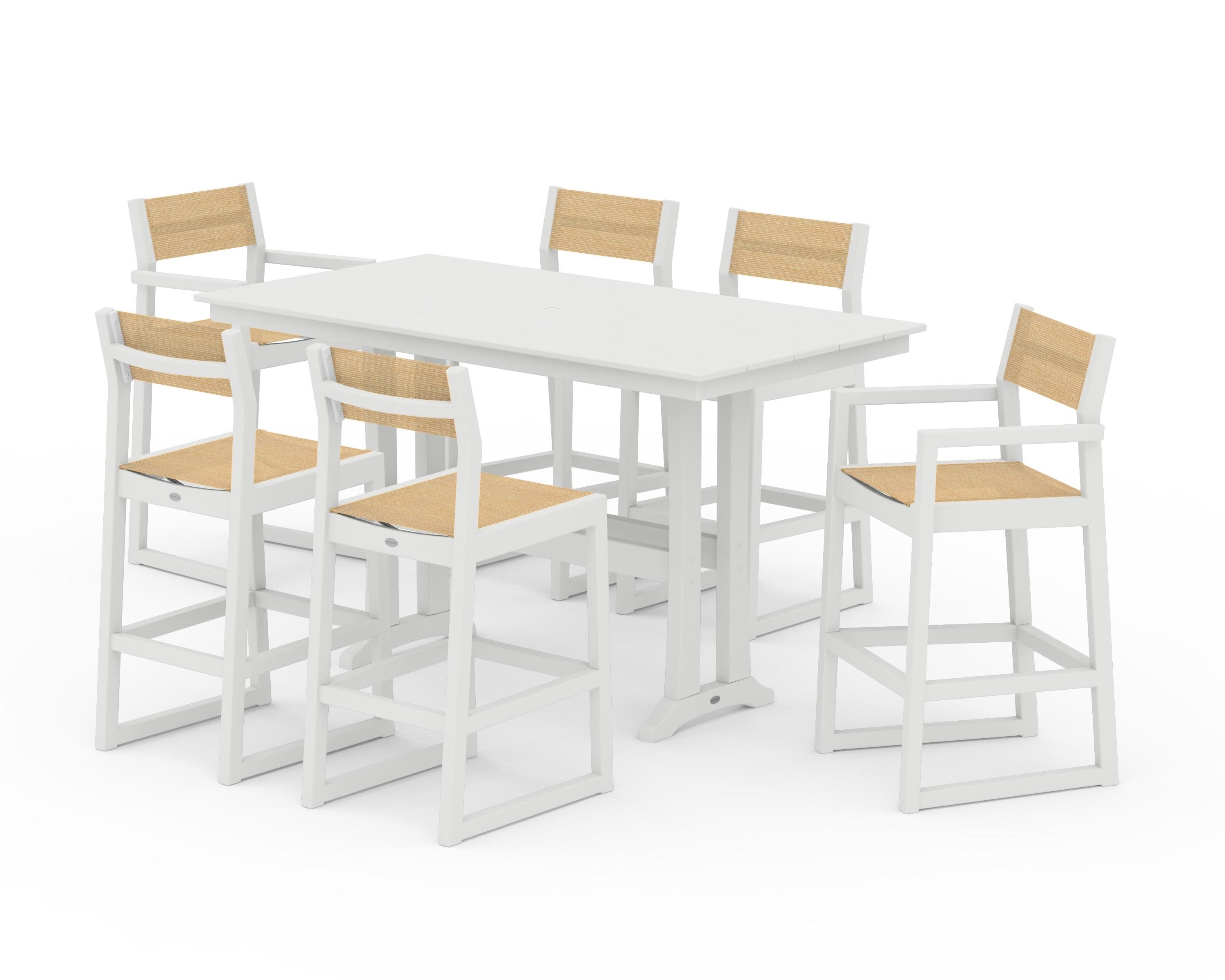 EDGE Sling 7-Piece Farmhouse Bar Set with Trestle Legs in Vintage White / Dupioni Apricot Sling