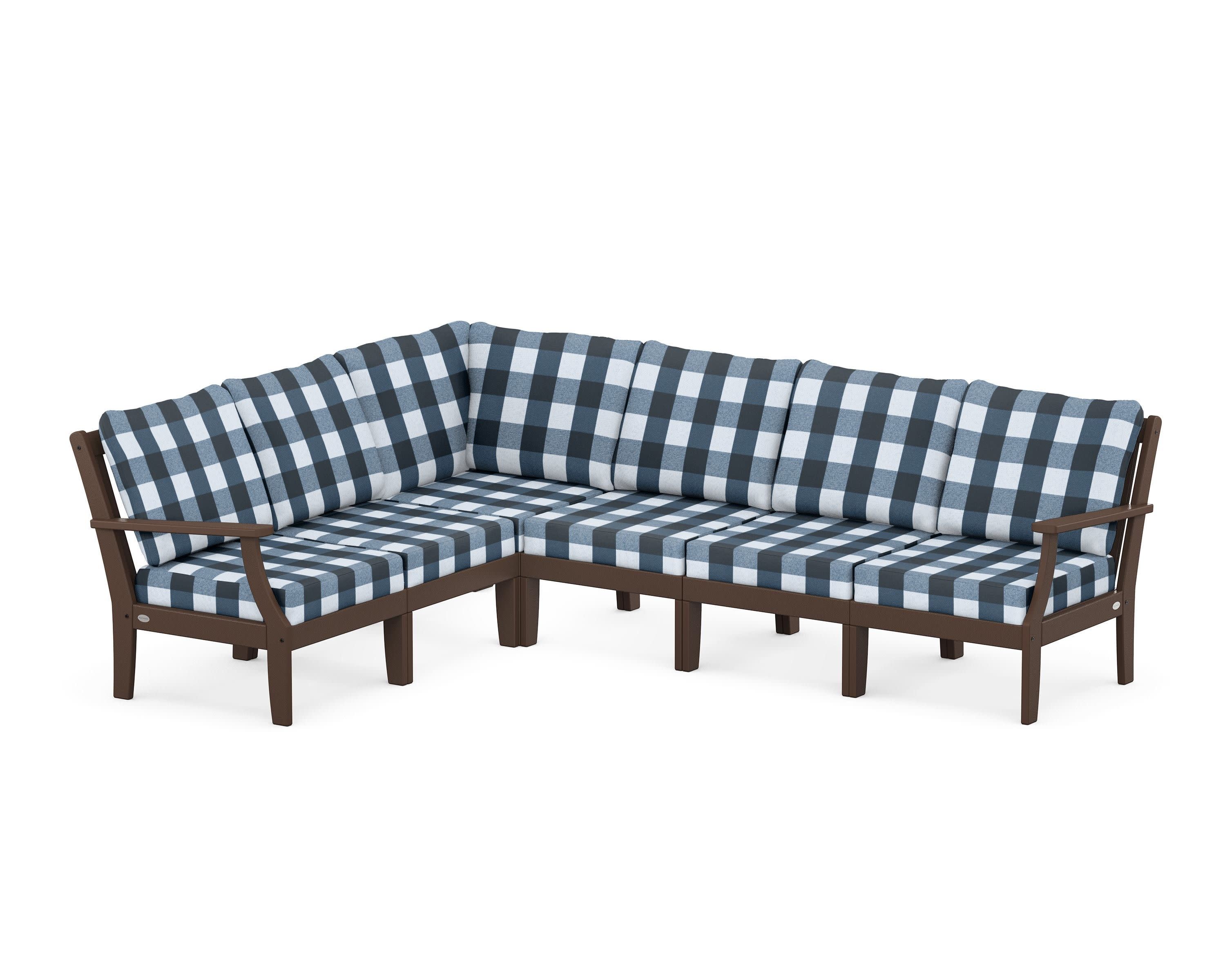 Braxton Modular 6-Piece Deep Seating Set in Mahogany / Buffalo Plaid Marine Indigo