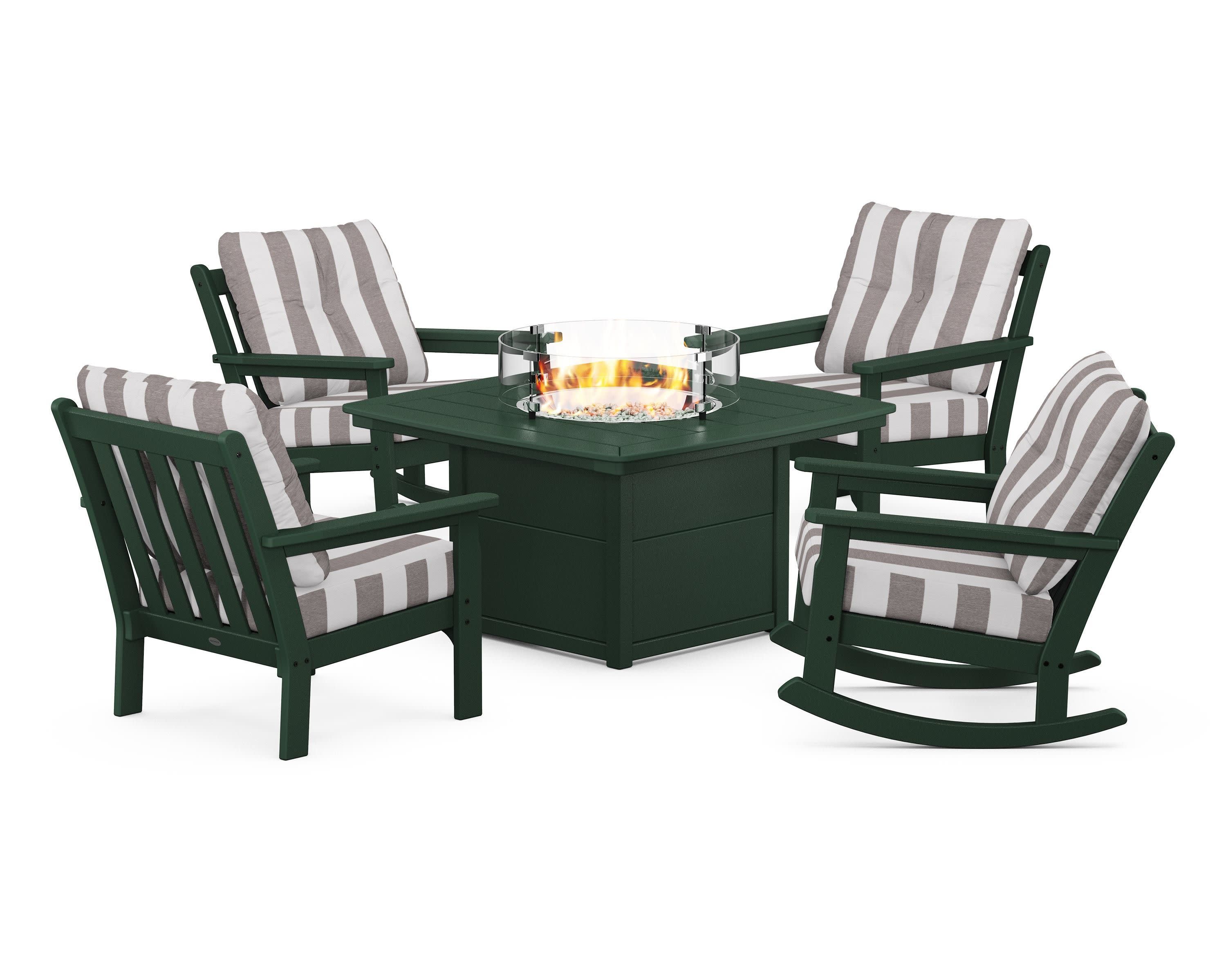 Vineyard 5-Piece Deep Seating Rocking Chair Conversation Set with Fire Pit Table in Green / Cabana Stripe Grey Mist