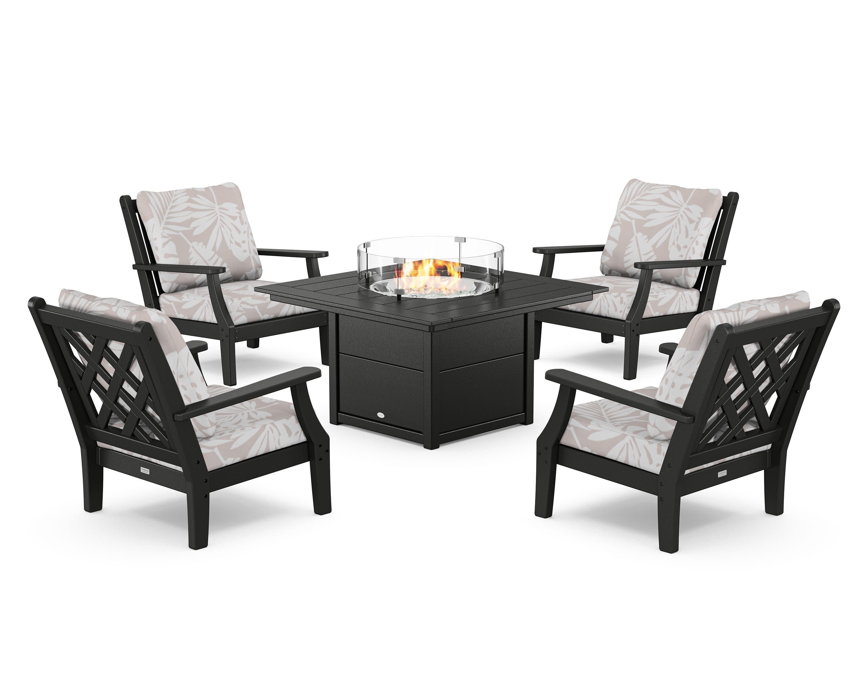 Wovendale 5-Piece Deep Seating Set with Fire Pit Table in Black / Leaf Dune Burlap
