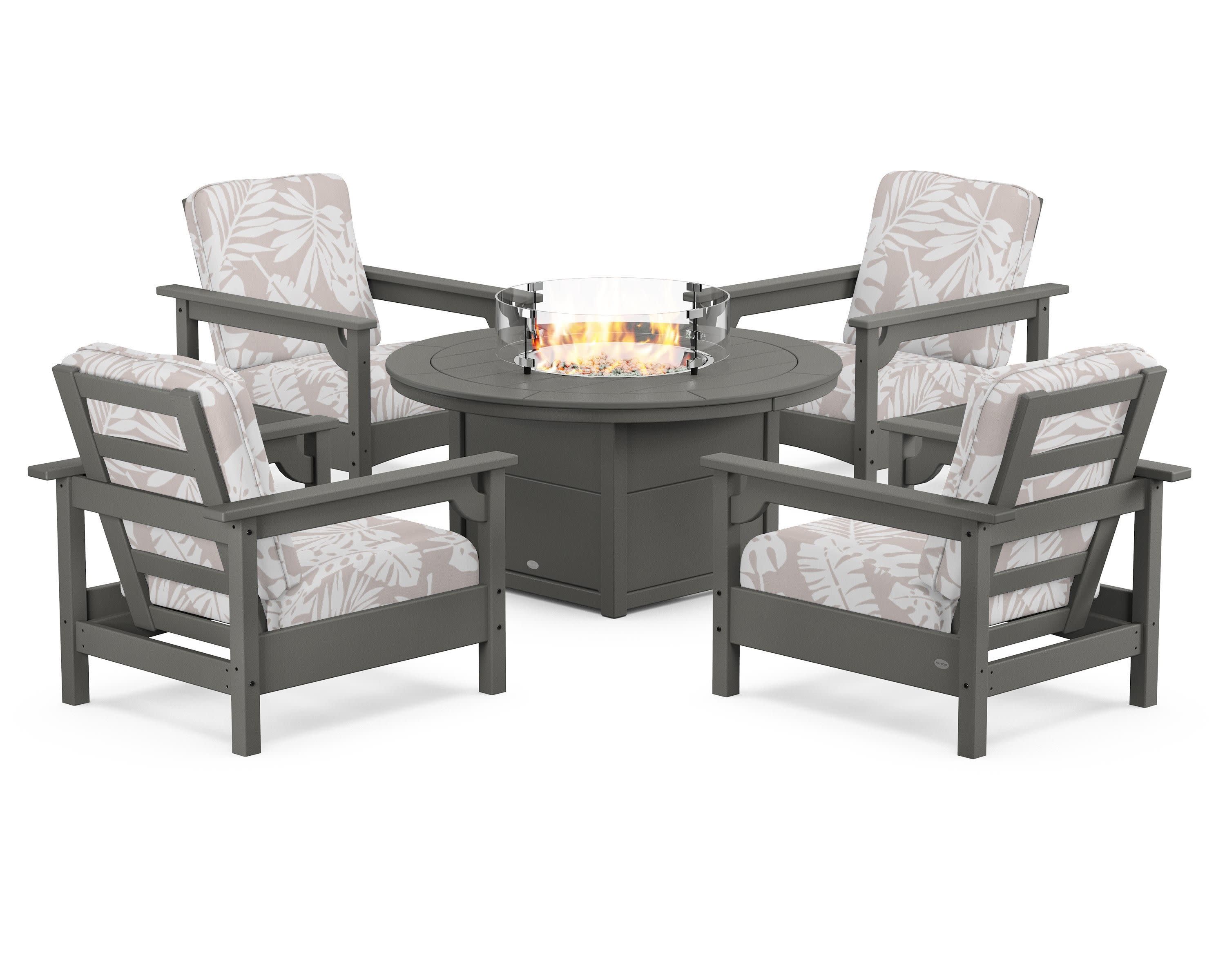 Club 5-Piece Conversation Set with Fire Pit Table in Slate Grey / Leaf Dune Burlap