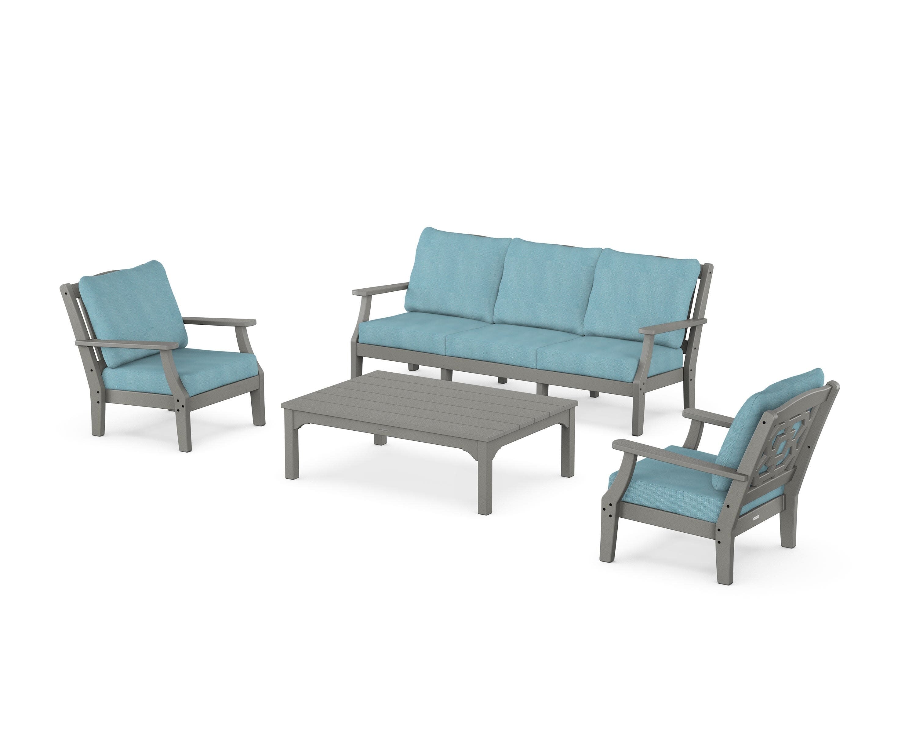 Chinoiserie 4-Piece Deep Seating Set with Sofa in Slate Grey / Lattice Sky Blue