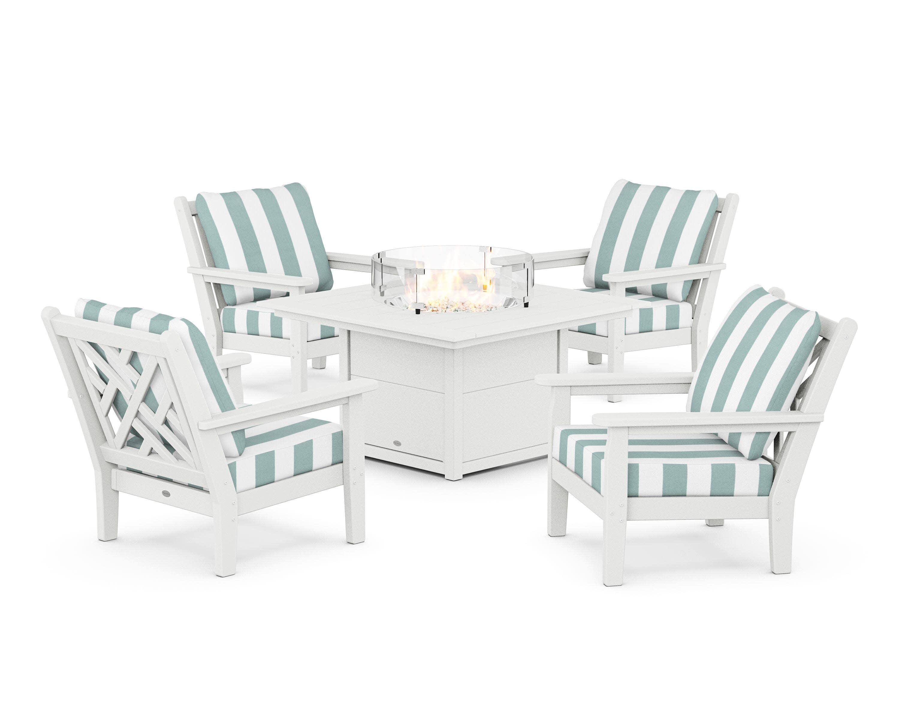 Chippendale 5-Piece Deep Seating Set with Fire Pit Table in White / Cabana Stripe Glacier Spa