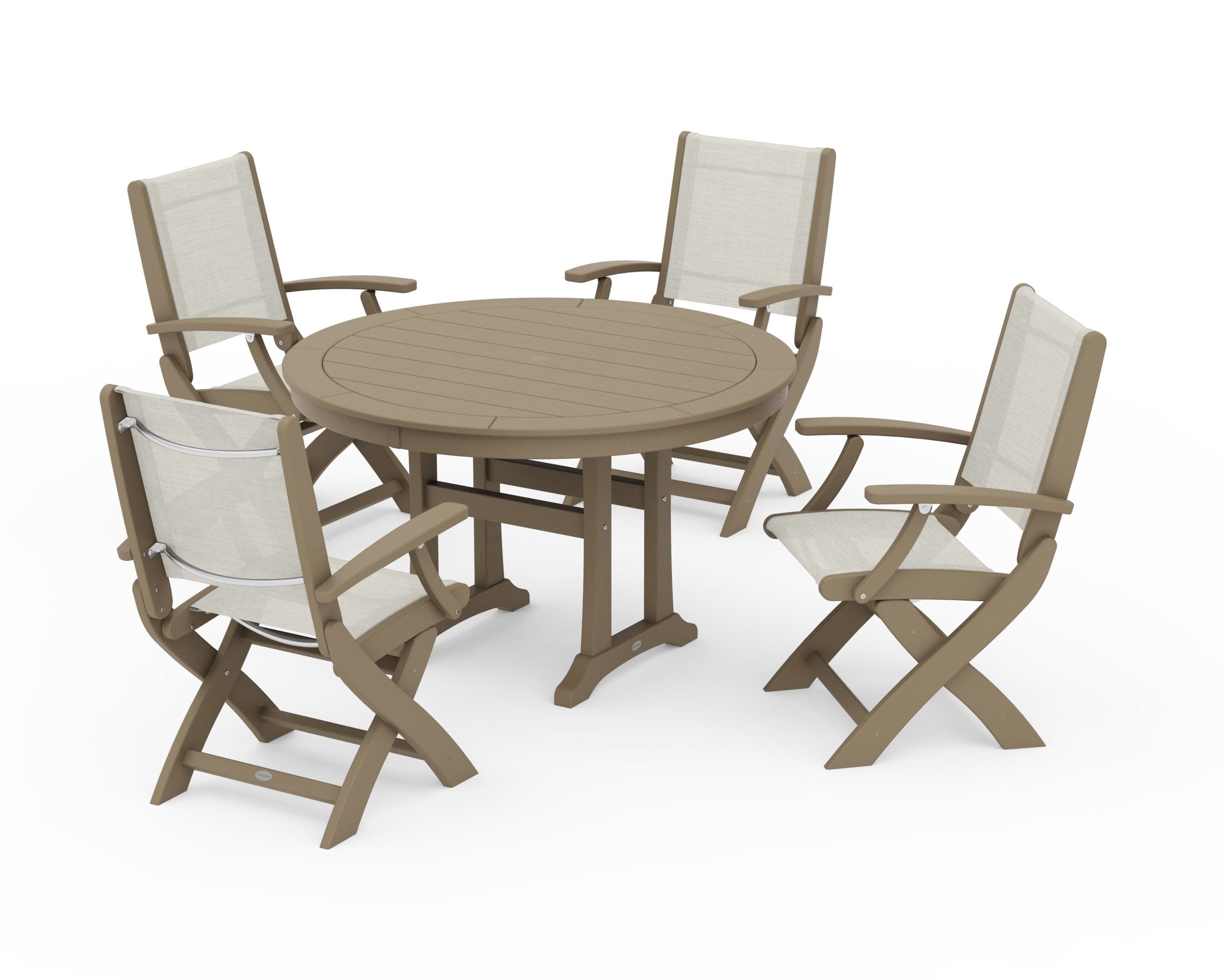 Coastal Folding Chair 5-Piece Round Dining Set with Trestle Legs in Vintage Sahara / Parchment Sling