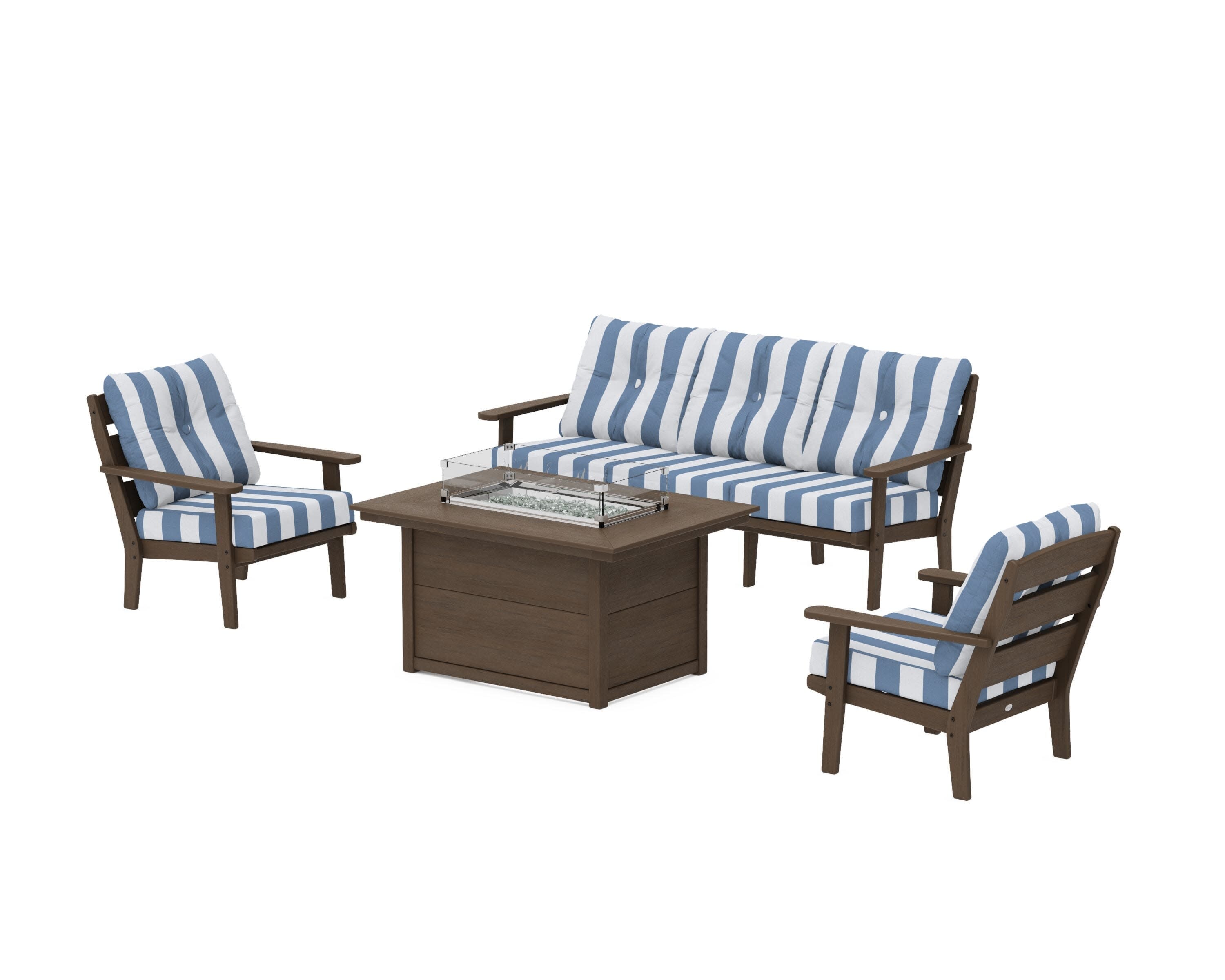Lakeside Deep Seating Fire Pit Table Set in Kona / Cabana Stripe Sky Blue