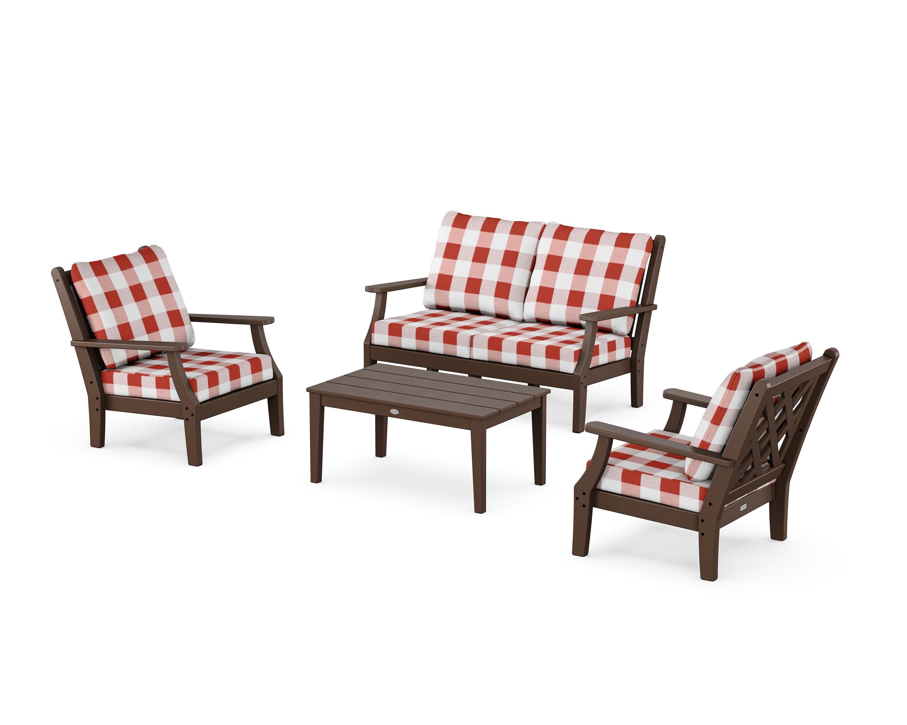 Wovendale 4-Piece Deep Seating Set with Loveseat in Mahogany / Buffalo Plaid Crimson