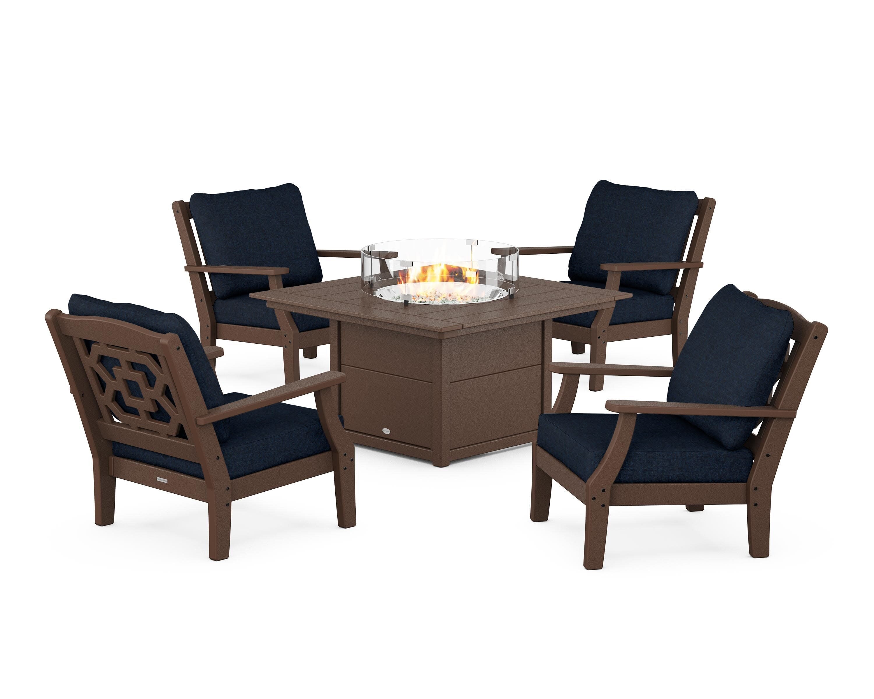 Chinoiserie 5-Piece Deep Seating Set with Fire Pit Table in Mahogany / Marine Indigo