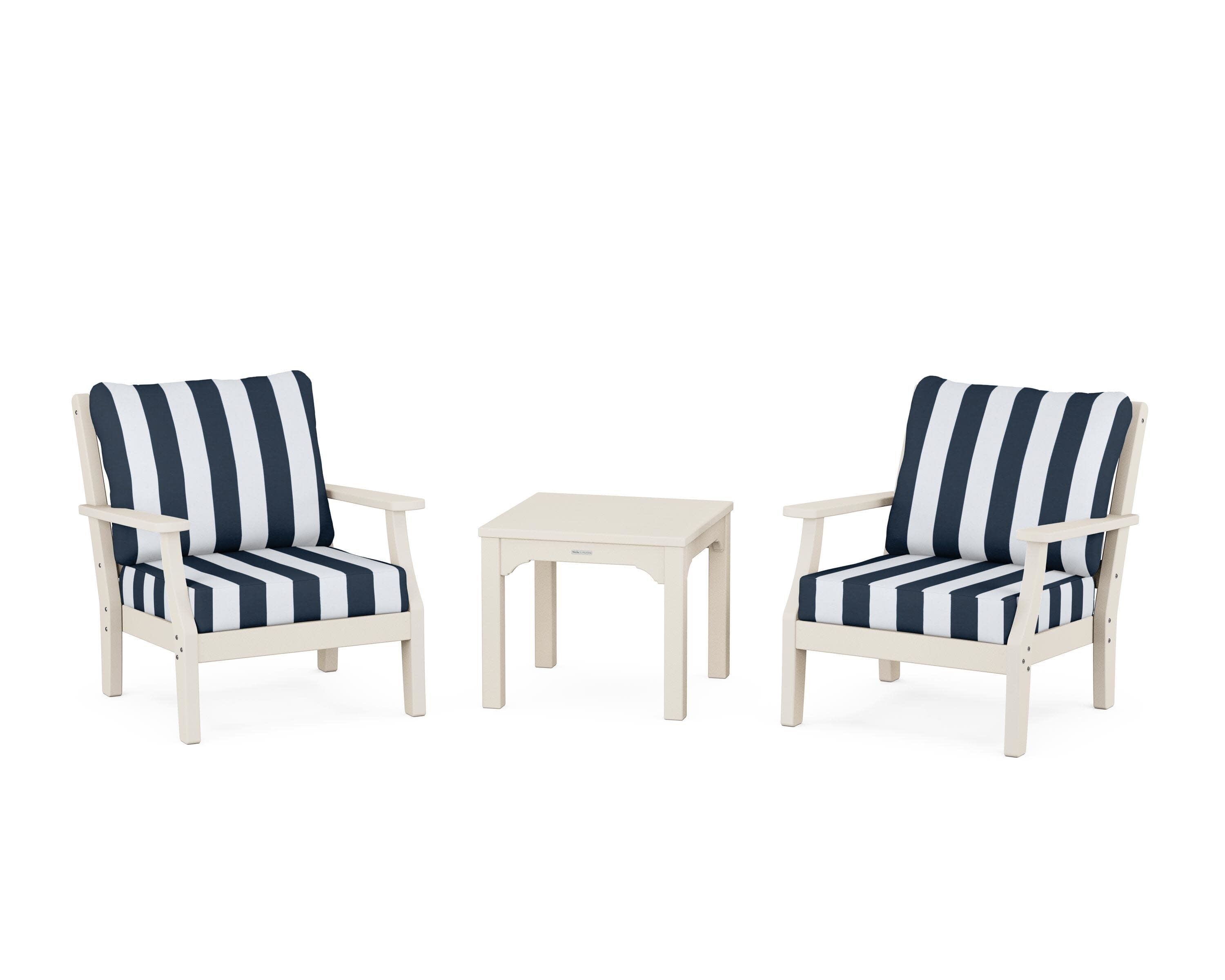 Chinoiserie 3-Piece Deep Seating Set in Sand / Cabana Stripe Marine Indigo