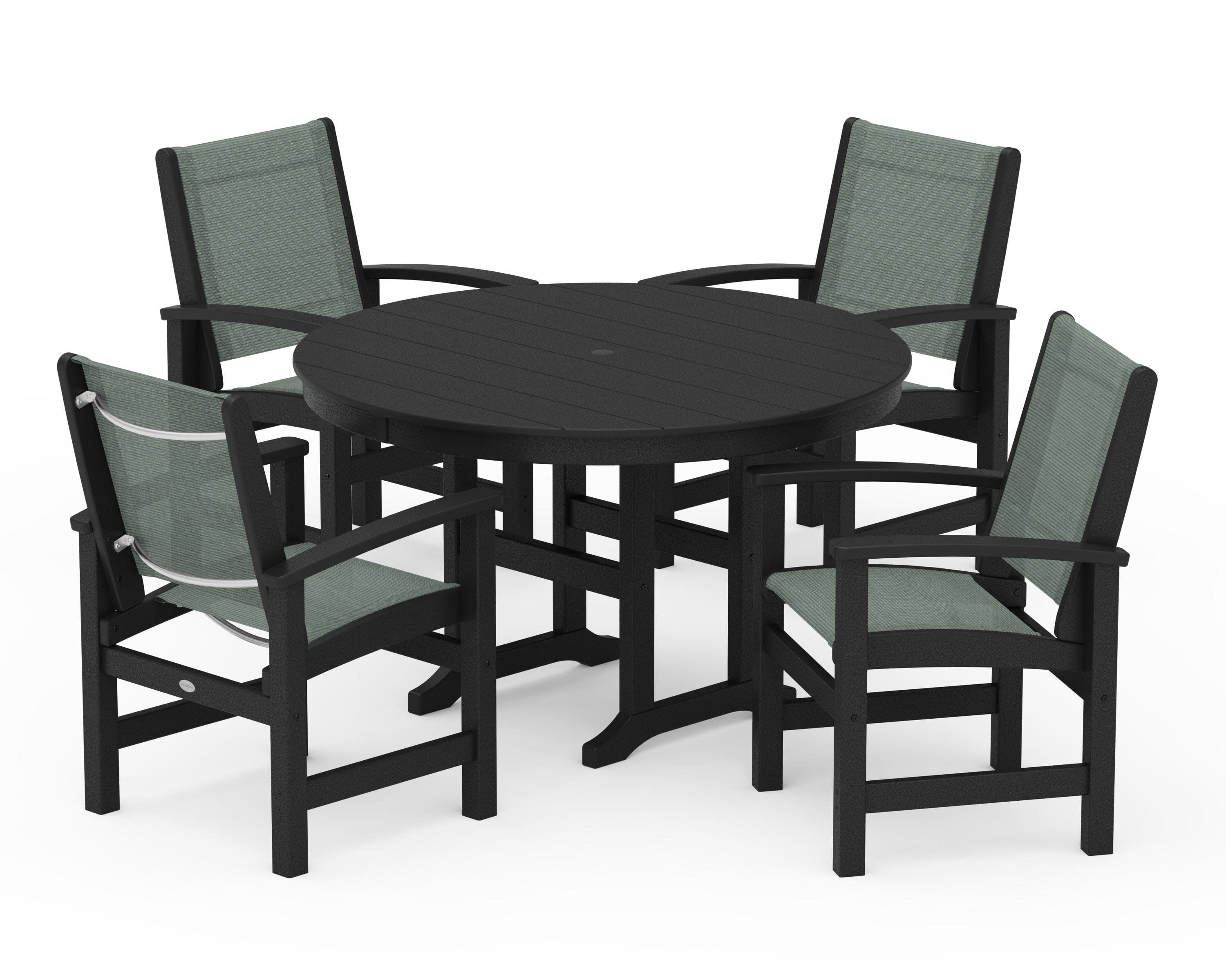 Coastal 5-Piece Round Farmhouse Dining Set in Black / Dupioni Sea Mist Sling