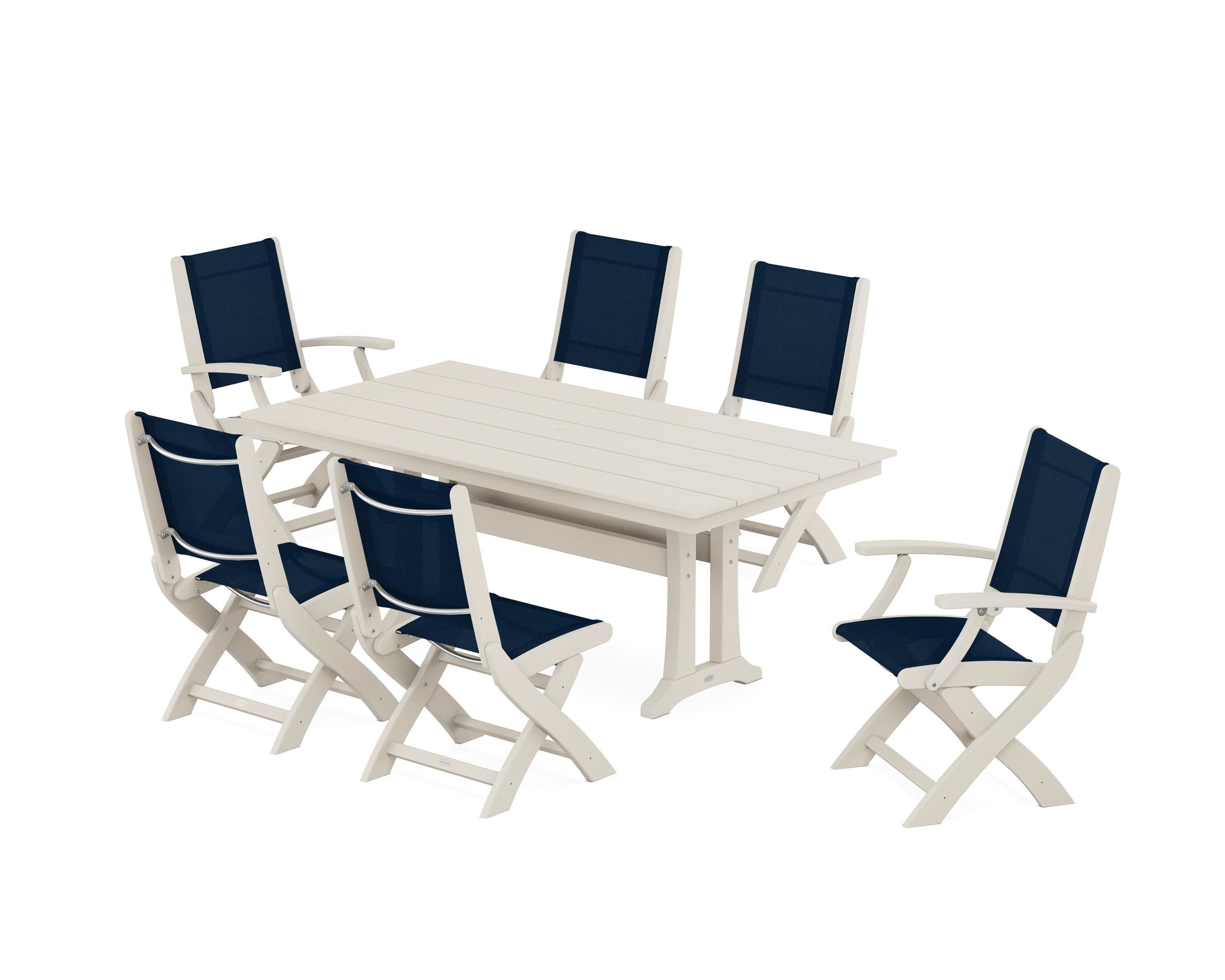 Coastal Folding Chair 7-Piece Farmhouse Dining Set with Trestle Legs in Sand / Navy Blue Sling