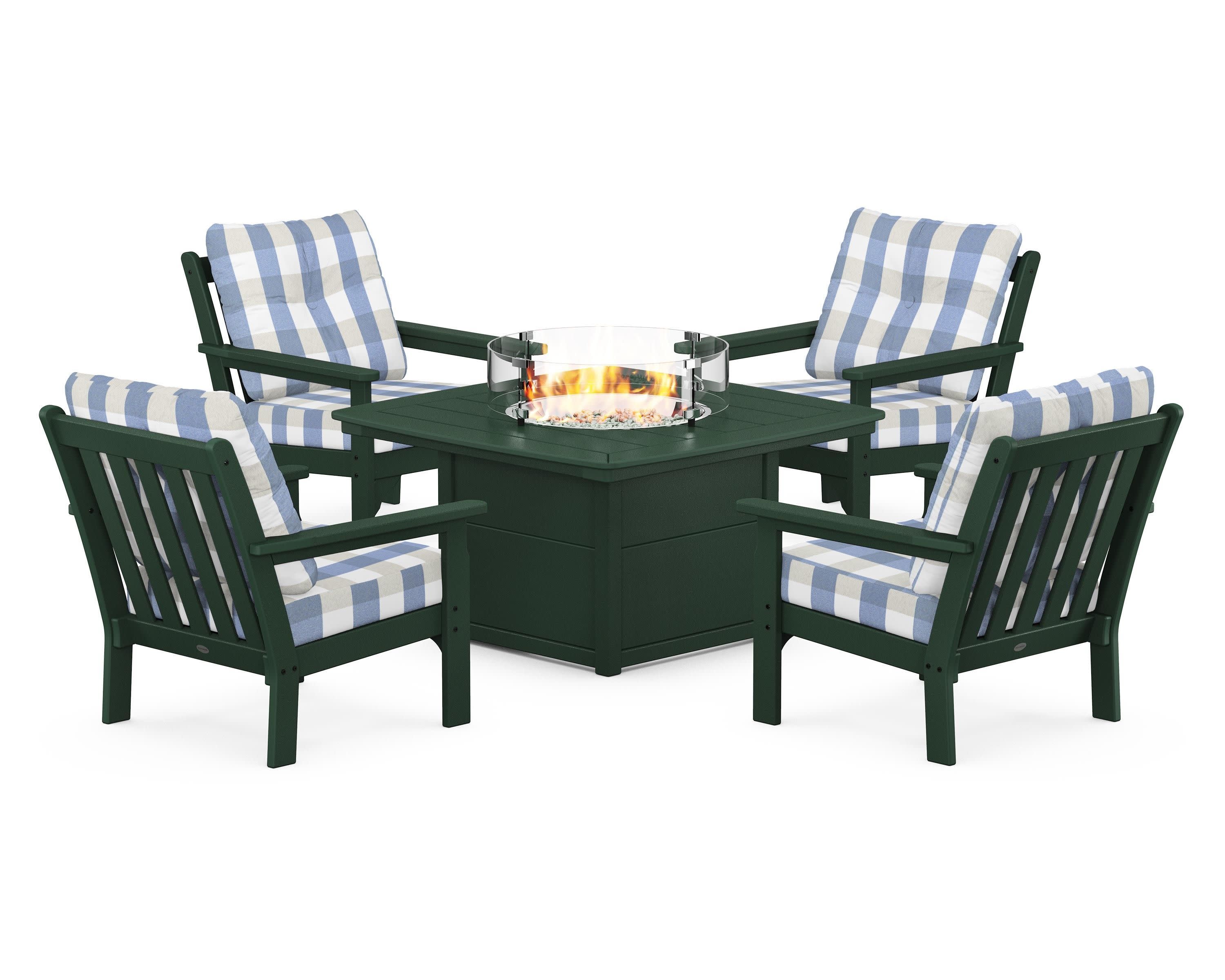 Vineyard 5-Piece Conversation Set with Fire Pit Table in Green / Buffalo Plaid Sky Blue