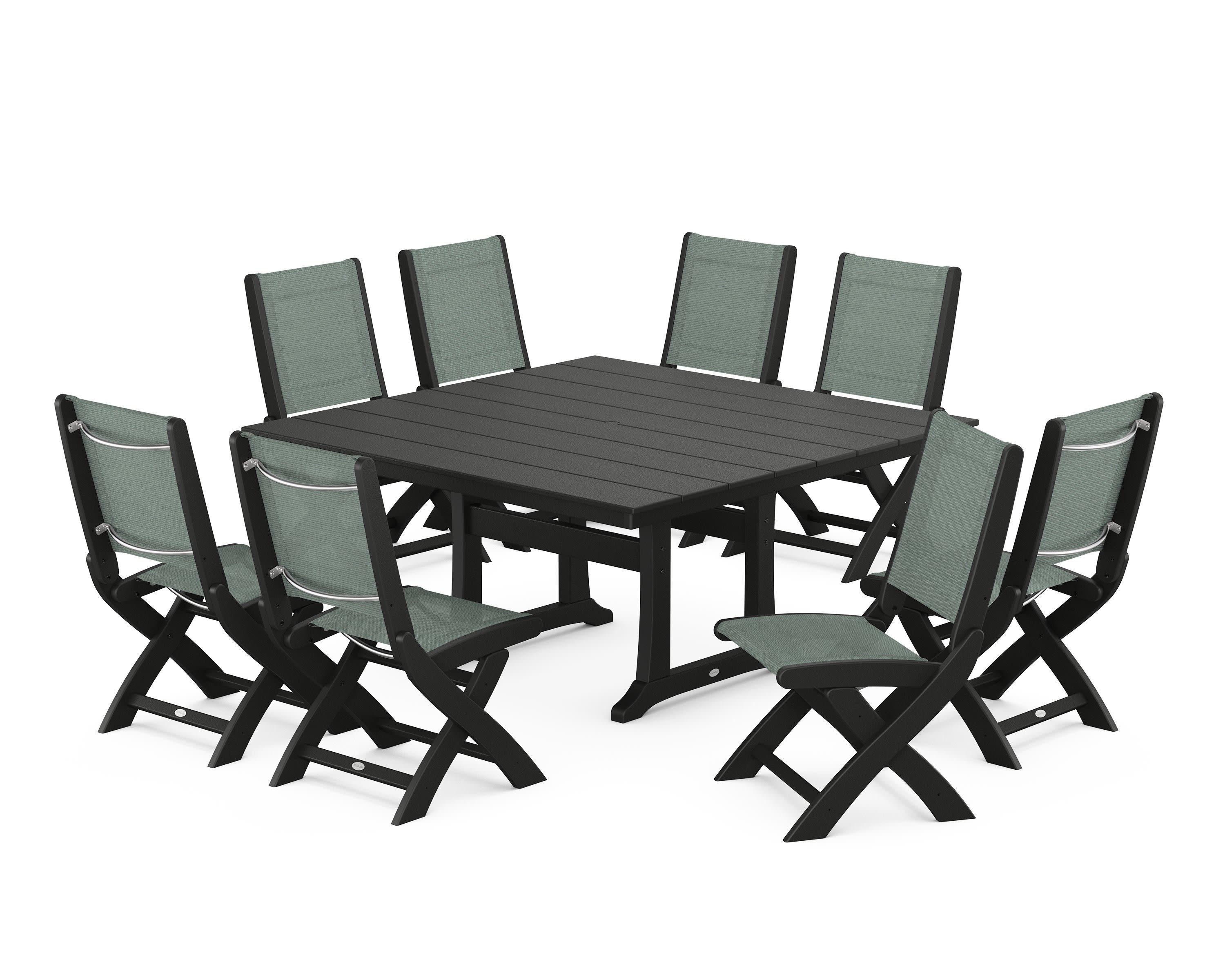 Coastal Folding Side Chair 9-Piece Farmhouse Dining Set in Black / Dupioni Sea Mist Sling