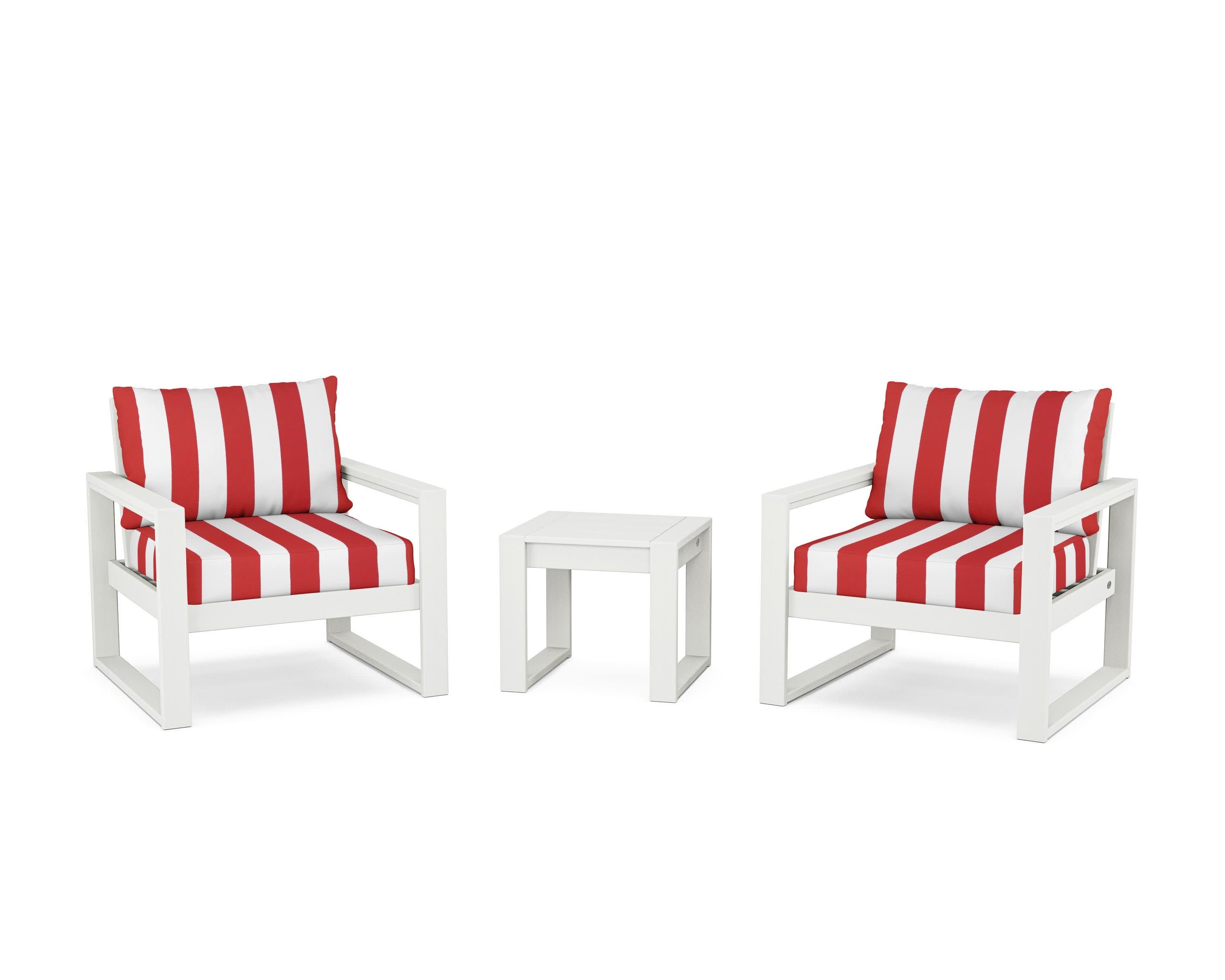 EDGE Sectional 3-Piece Deep Seating Set in Vintage White / Cabana Stripe Crimson