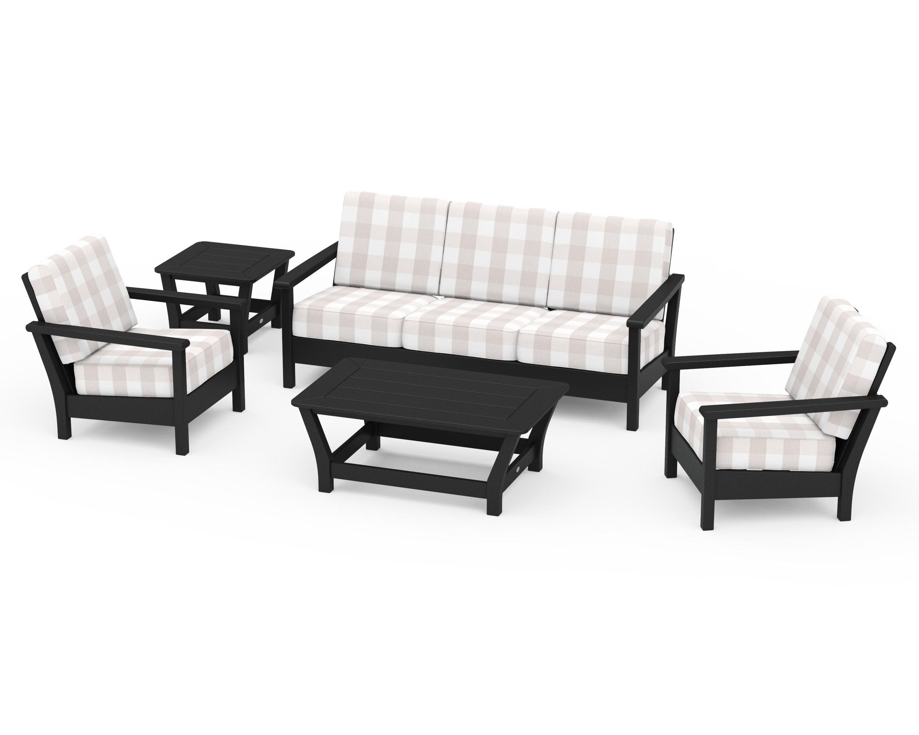 Harbour 5-Piece Deep Seating Set in Black / Buffalo Plaid Dune Burlap
