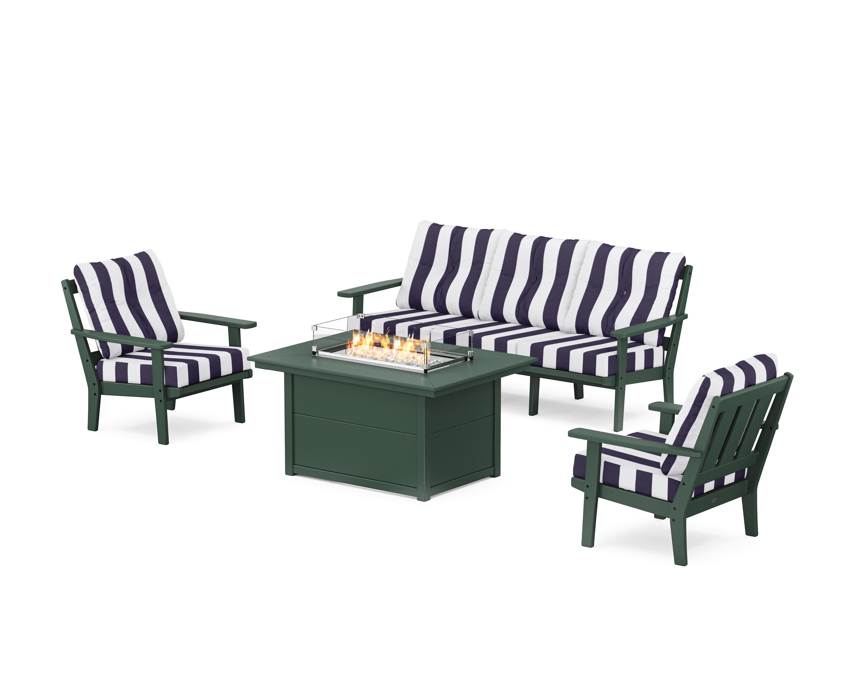 Oxford Deep Seating Fire Pit Table Set in Green / Cabana Stripe Navy