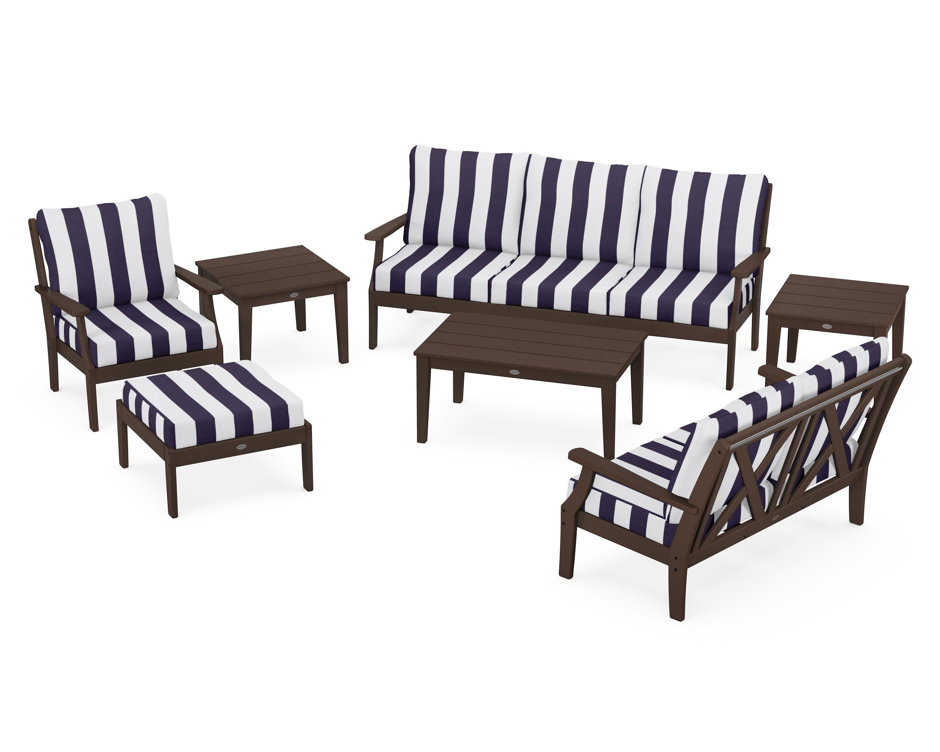 Braxton 7-Piece Deep Seating Set in Mahogany / Cabana Stripe Navy
