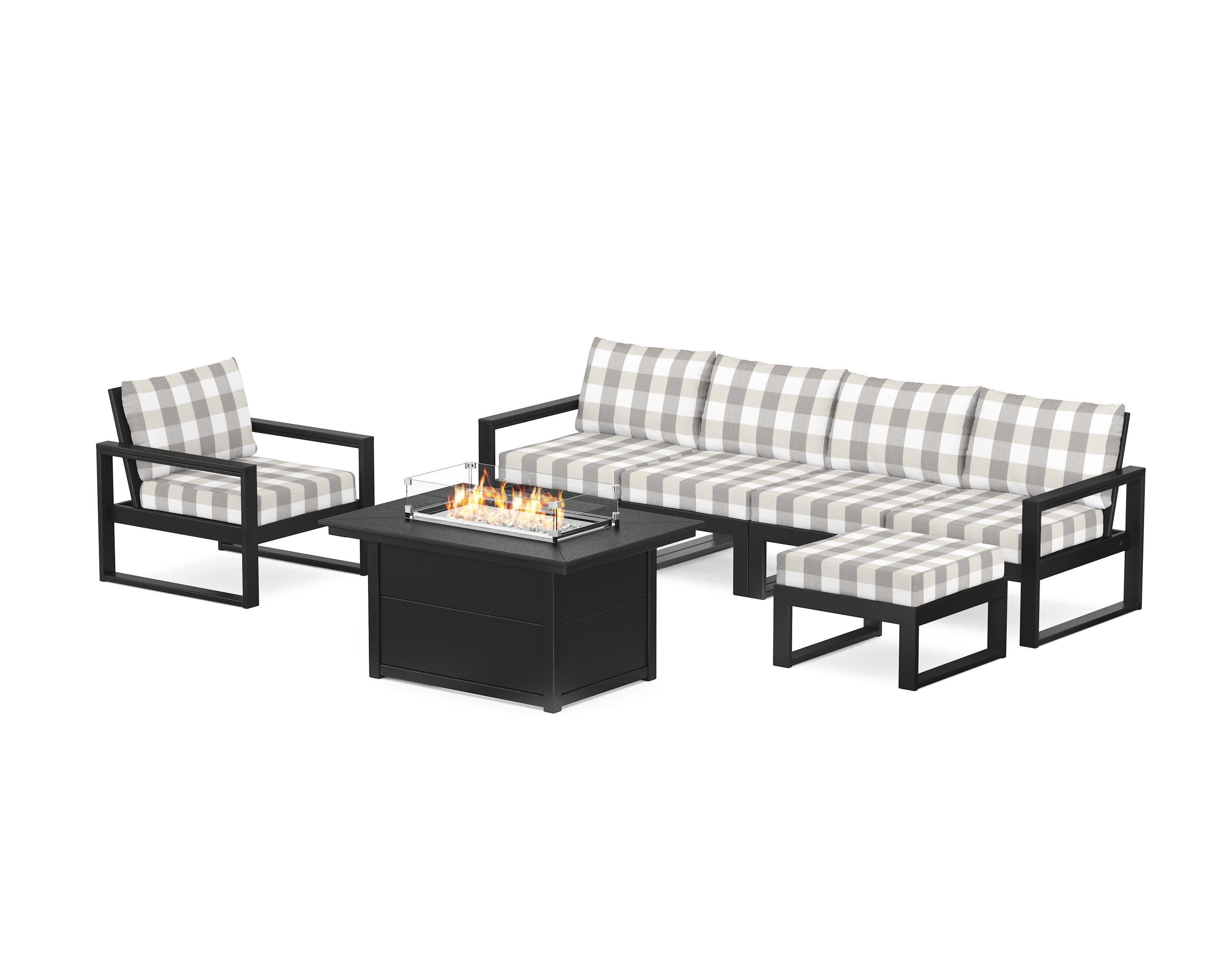 EDGE Sectional Lounge and Fire Pit Set in Black / Buffalo Plaid Grey Mist