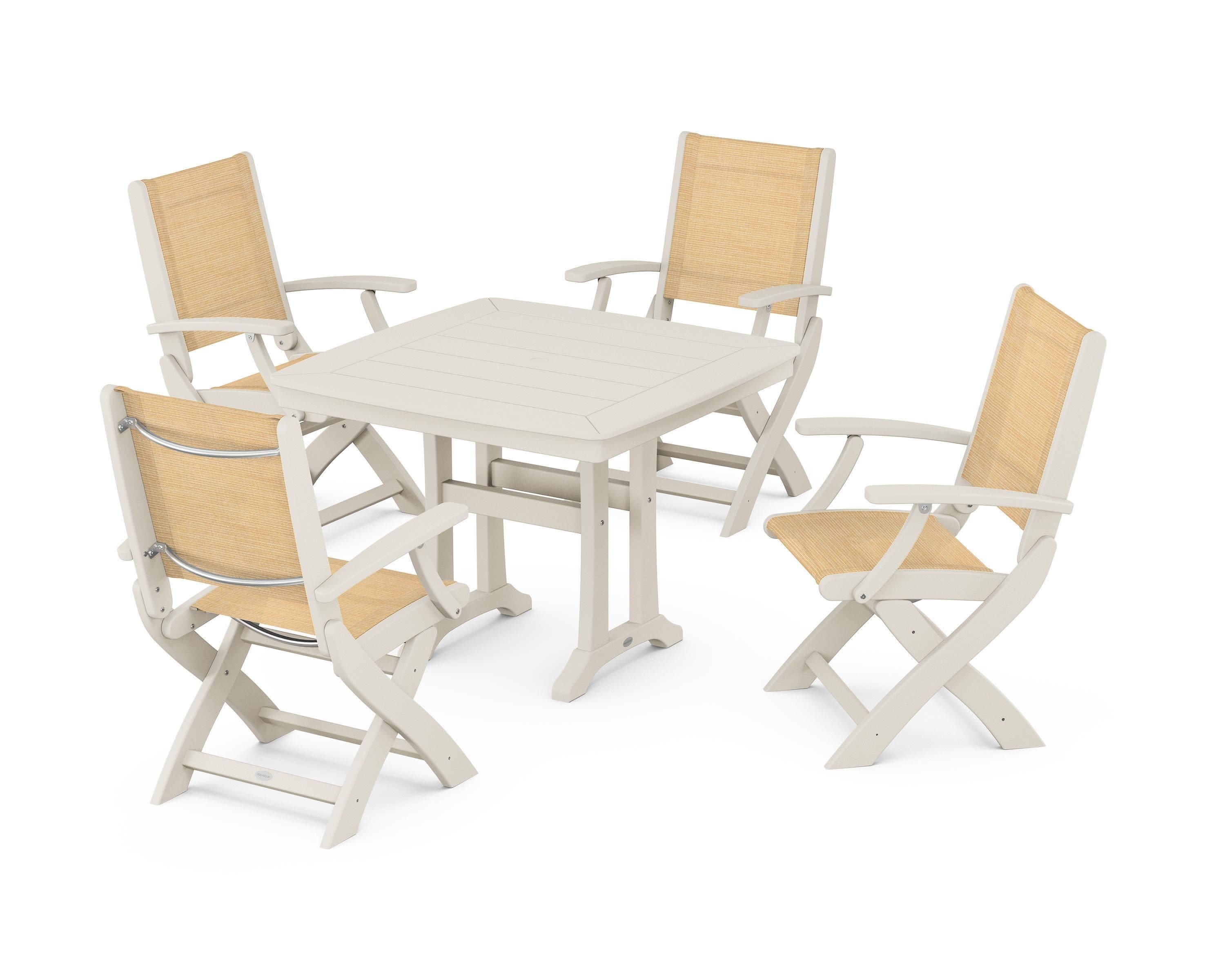 Coastal Folding Chair 5-Piece Dining Set with Trestle Legs in Sand / Dupioni Apricot Sling