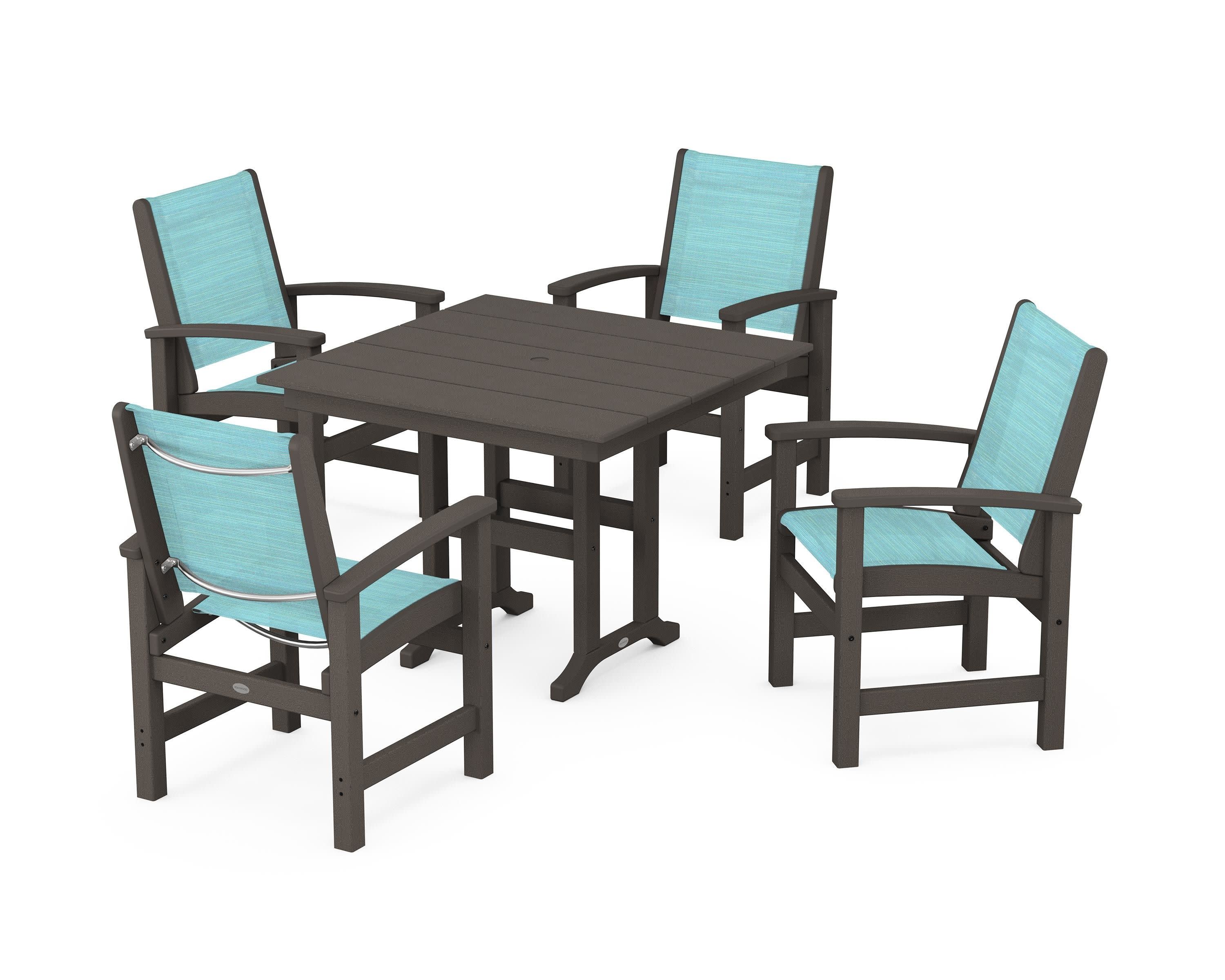 Coastal 5-Piece Farmhouse Dining Set in Vintage Coffee / Dupioni Aquamarine Sling