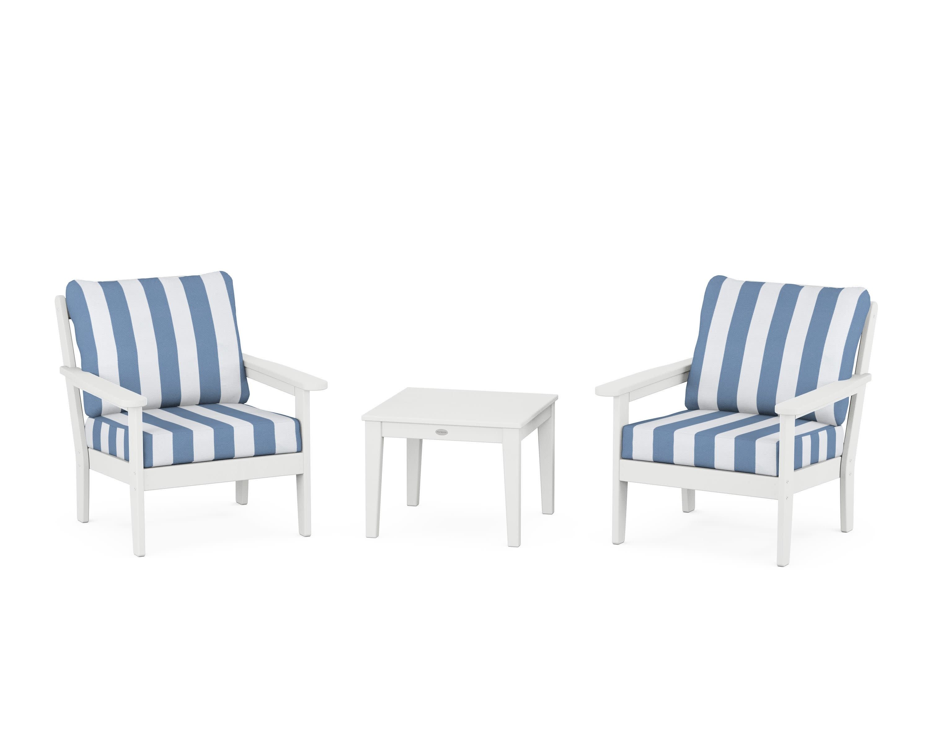 Cottage 3-Piece Deep Seating Set in White / Cabana Stripe Sky Blue