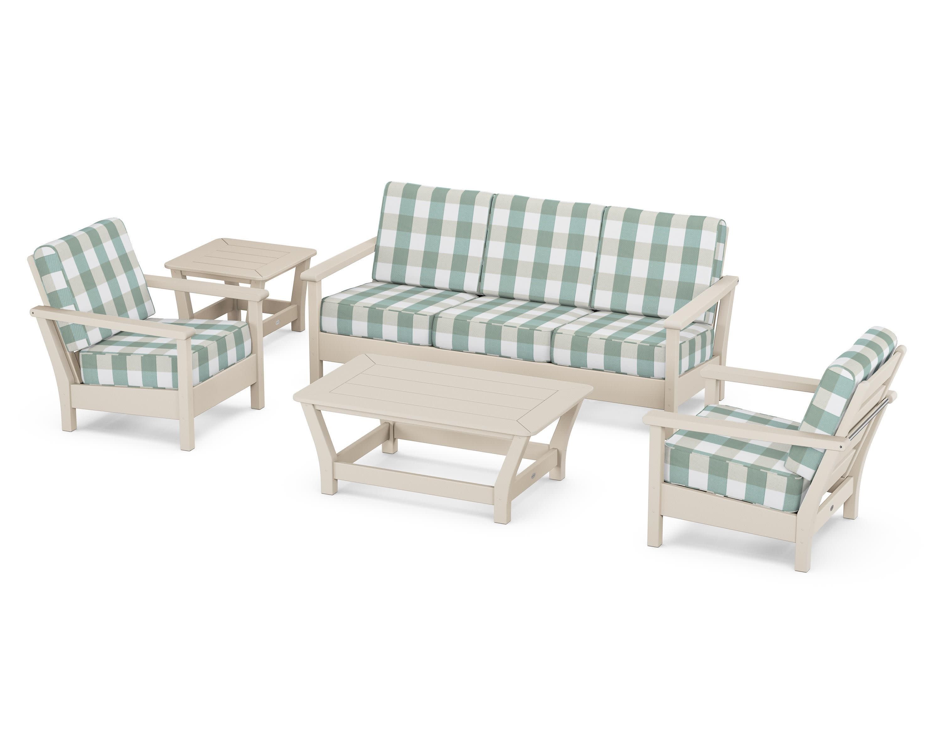 Harbour 5-Piece Deep Seating Set in Sand / Buffalo Plaid Glacier Spa