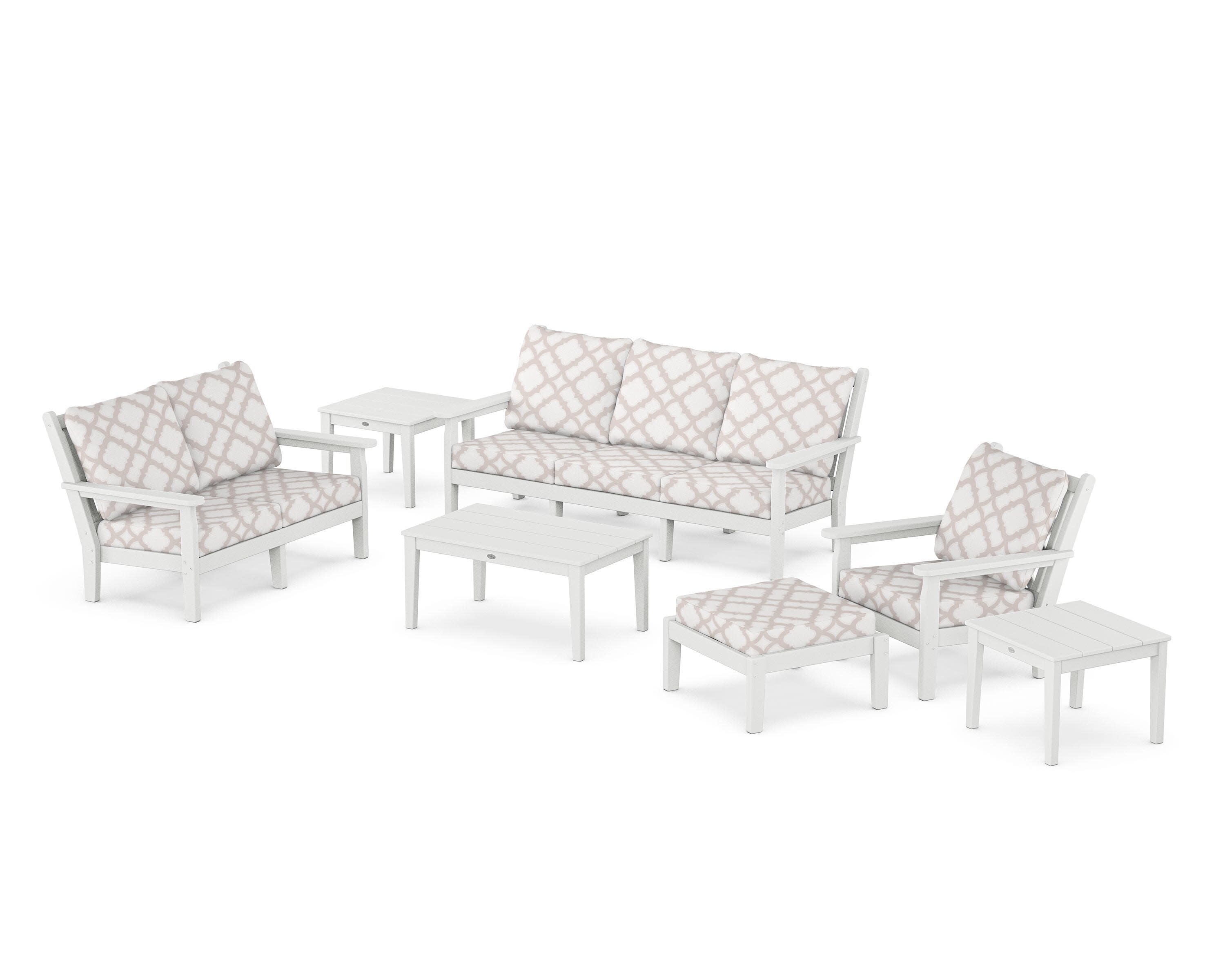 Chippendale 7-Piece Deep Seating Set in White / Trellis Dune Burlap