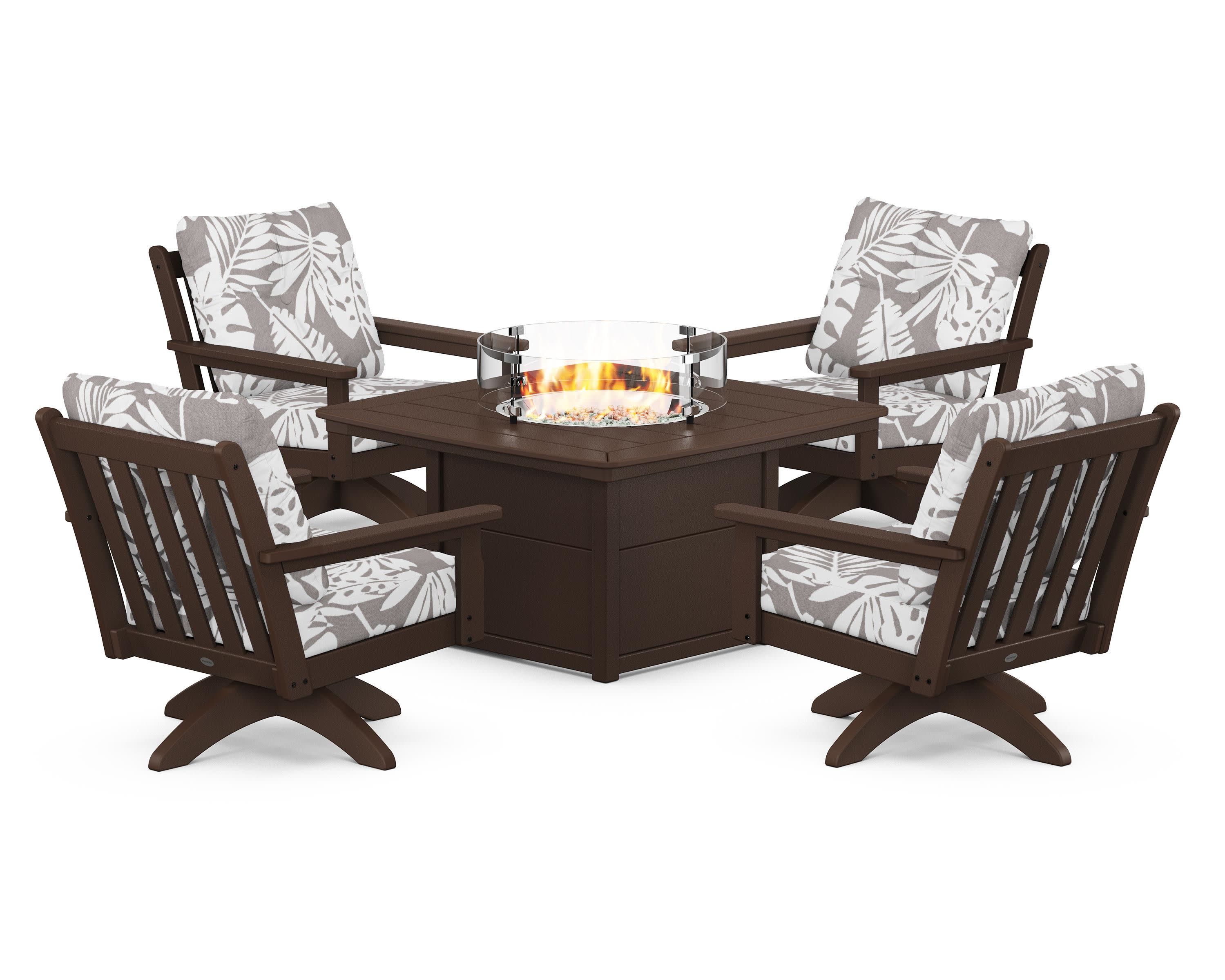 Vineyard 5-Piece Deep Seating Swivel Conversation Set with Fire Pit Table in Mahogany / Leaf Grey Mist