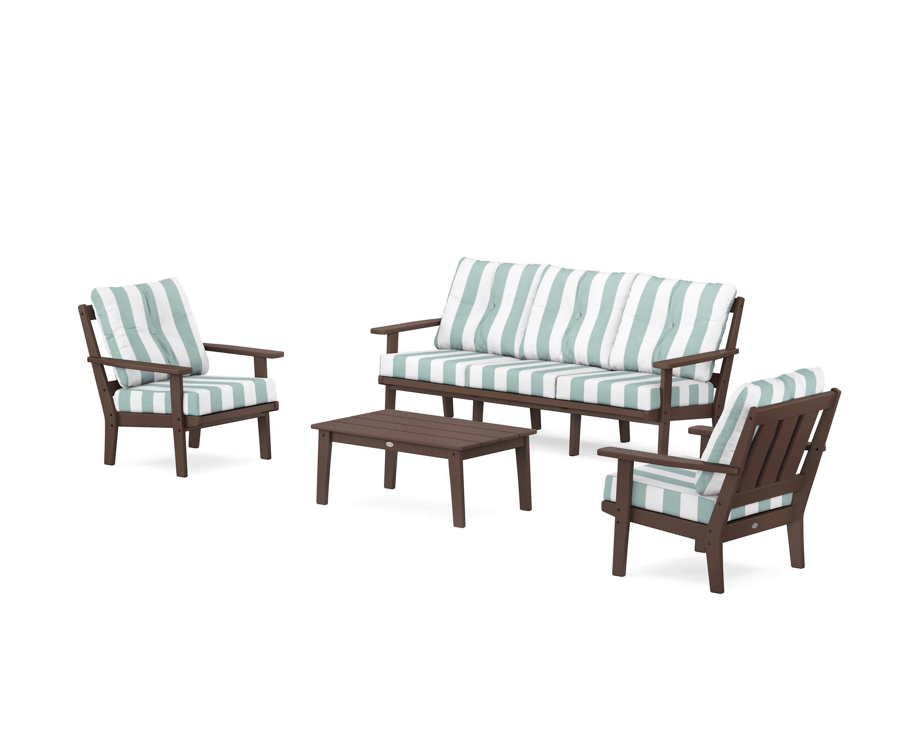 Oxford 4-Piece Deep Seating Set with Sofa in Mahogany / Cabana Stripe Glacier Spa