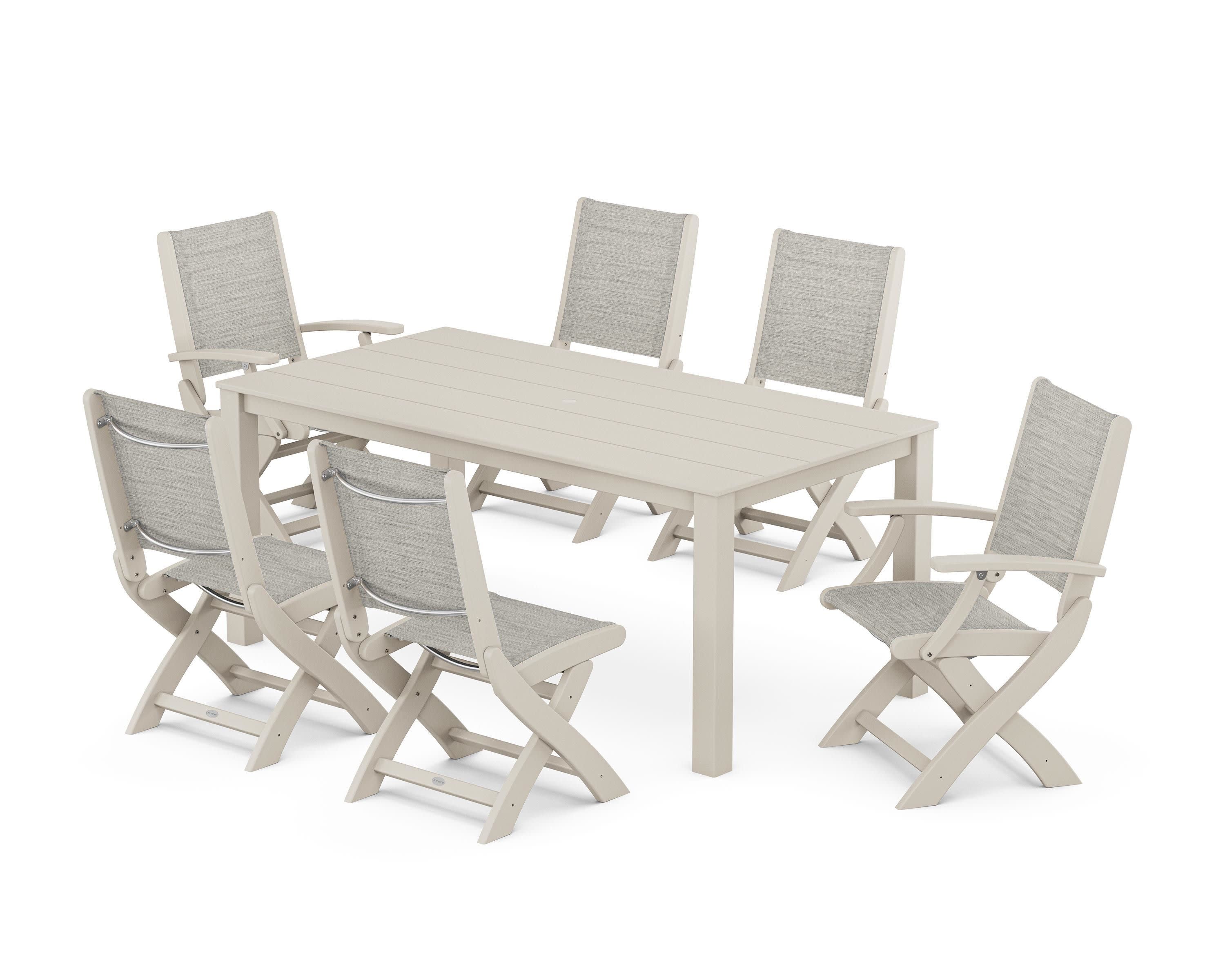 Coastal Folding Chair 7-Piece Parsons Dining Set in Sand / Birch Sling