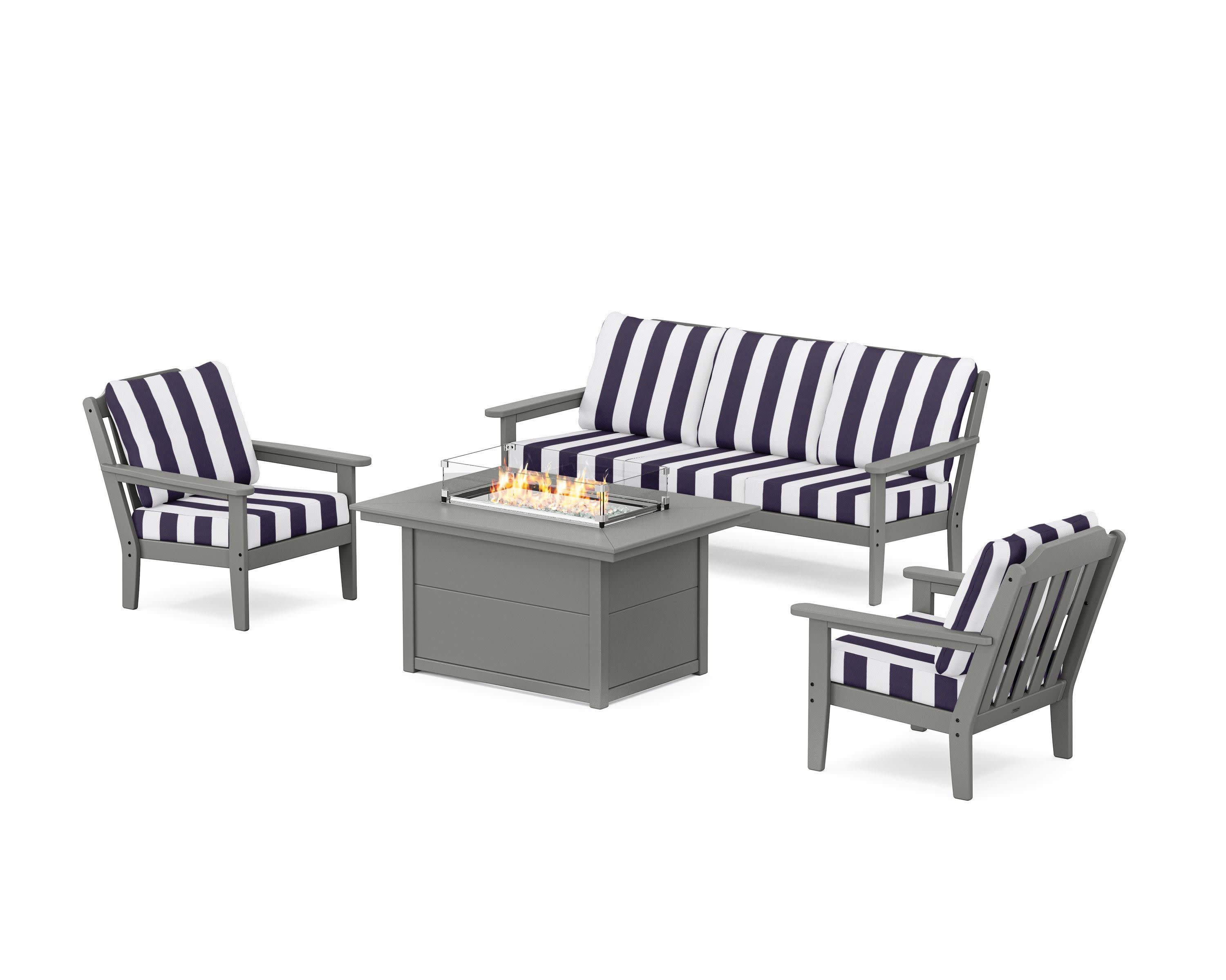 Cottage Deep Seating Fire Pit Table Set in Slate Grey / Cabana Stripe Navy