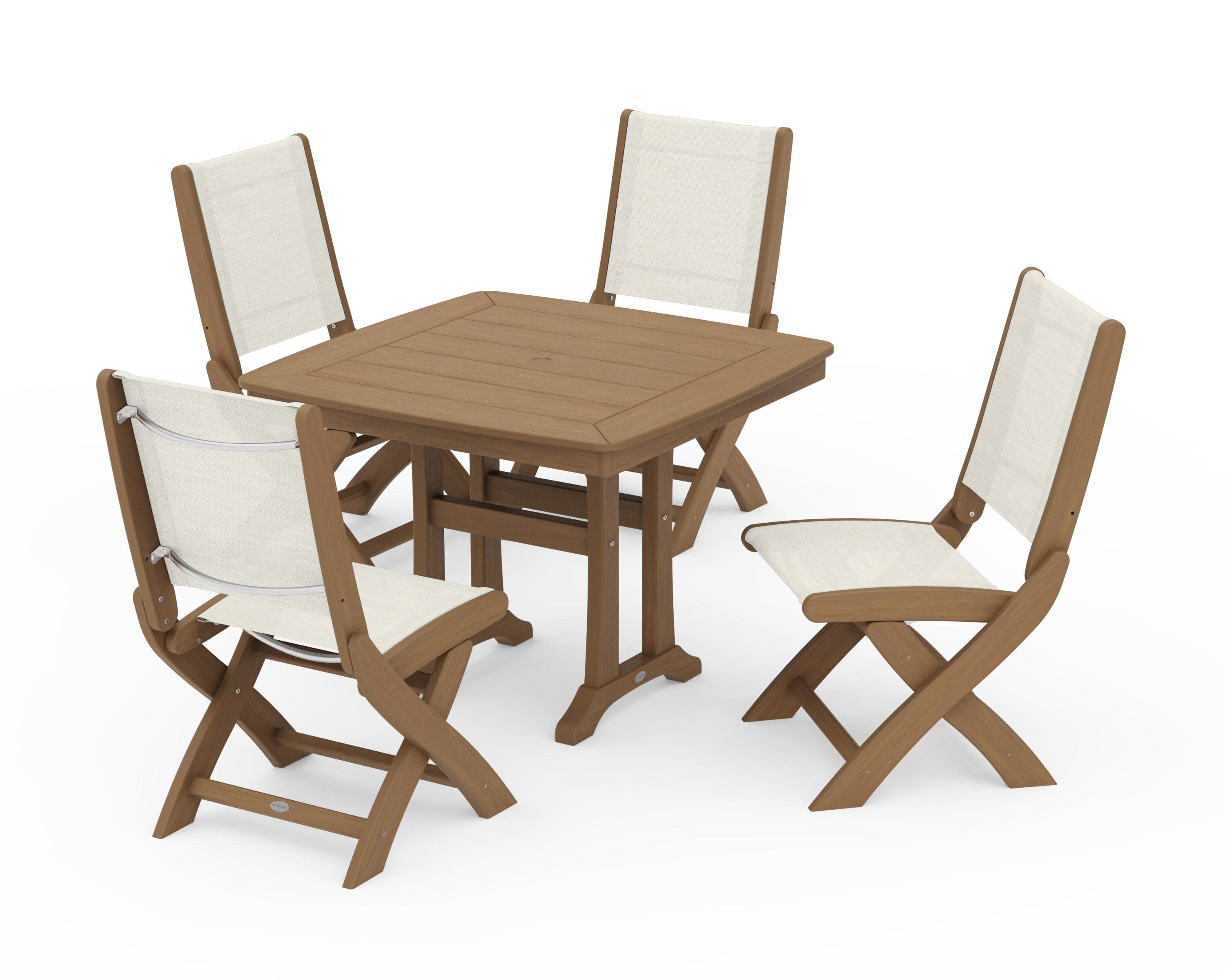 Coastal Folding Side Chair 5-Piece Dining Set with Trestle Legs in Natural / Parchment Sling