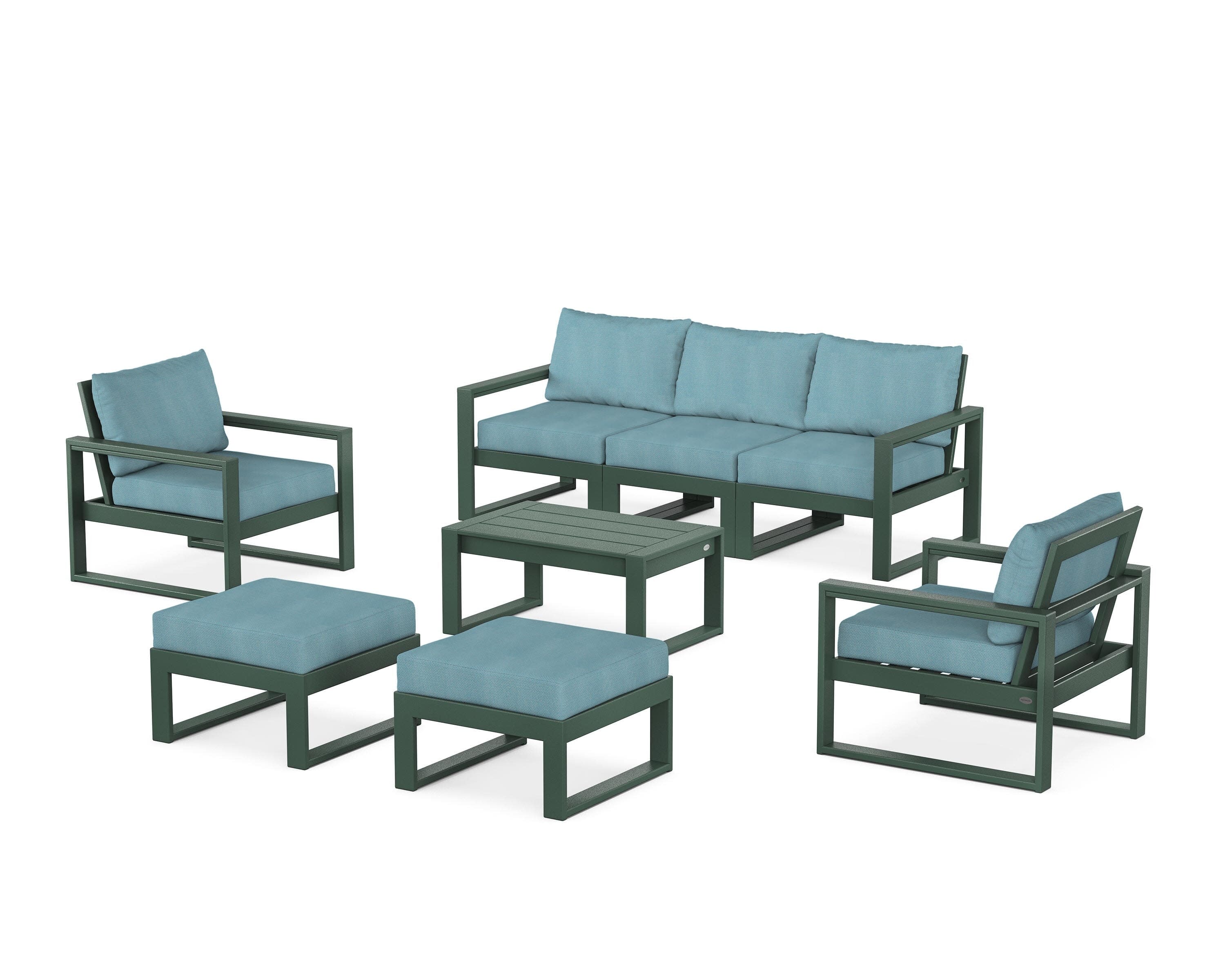 EDGE Sectional 8-Piece Lounge Sofa Set in Green / Lattice Sky Blue
