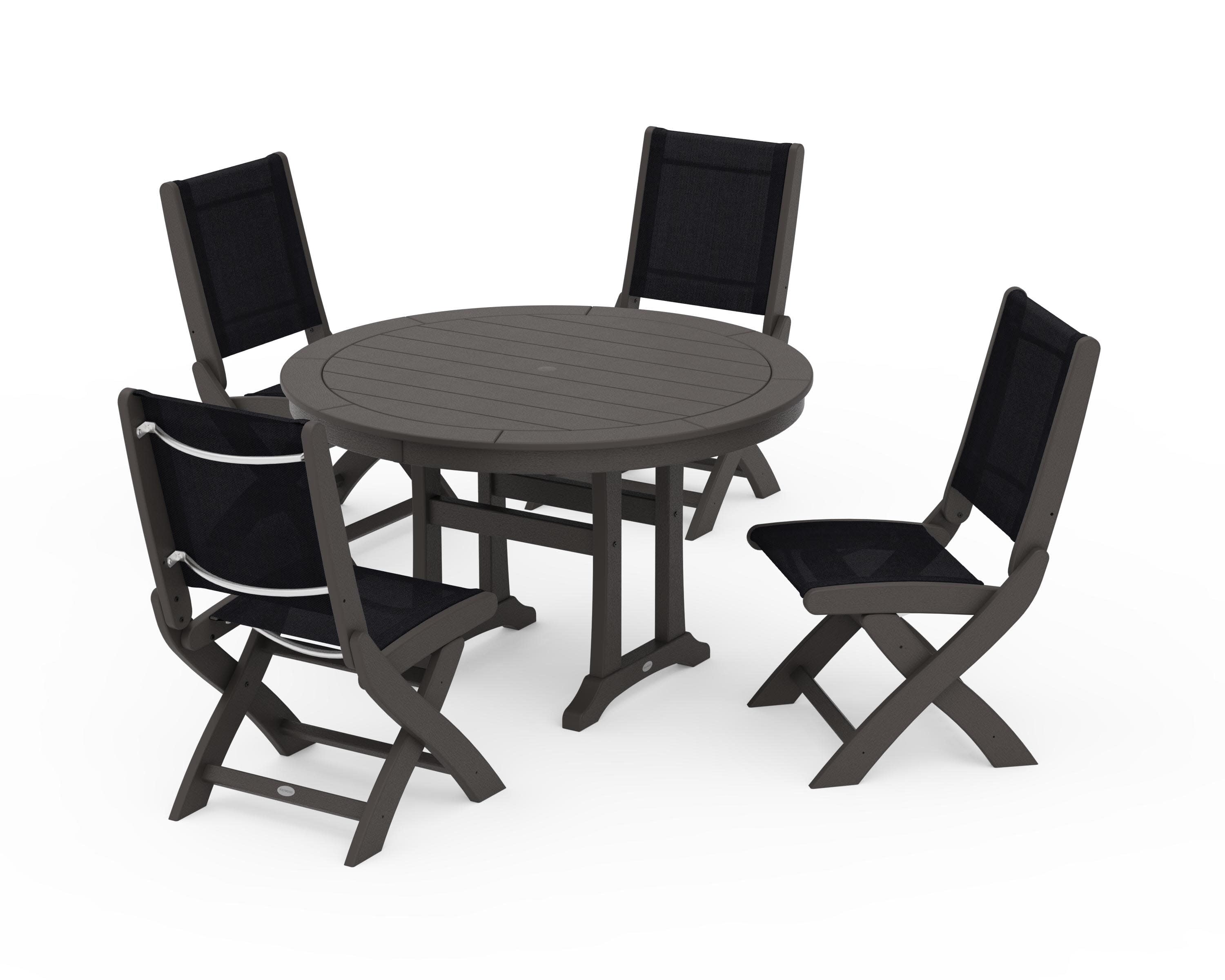 Coastal Folding Side Chair 5-Piece Round Dining Set With Trestle Legs in Vintage Coffee / Black Sling