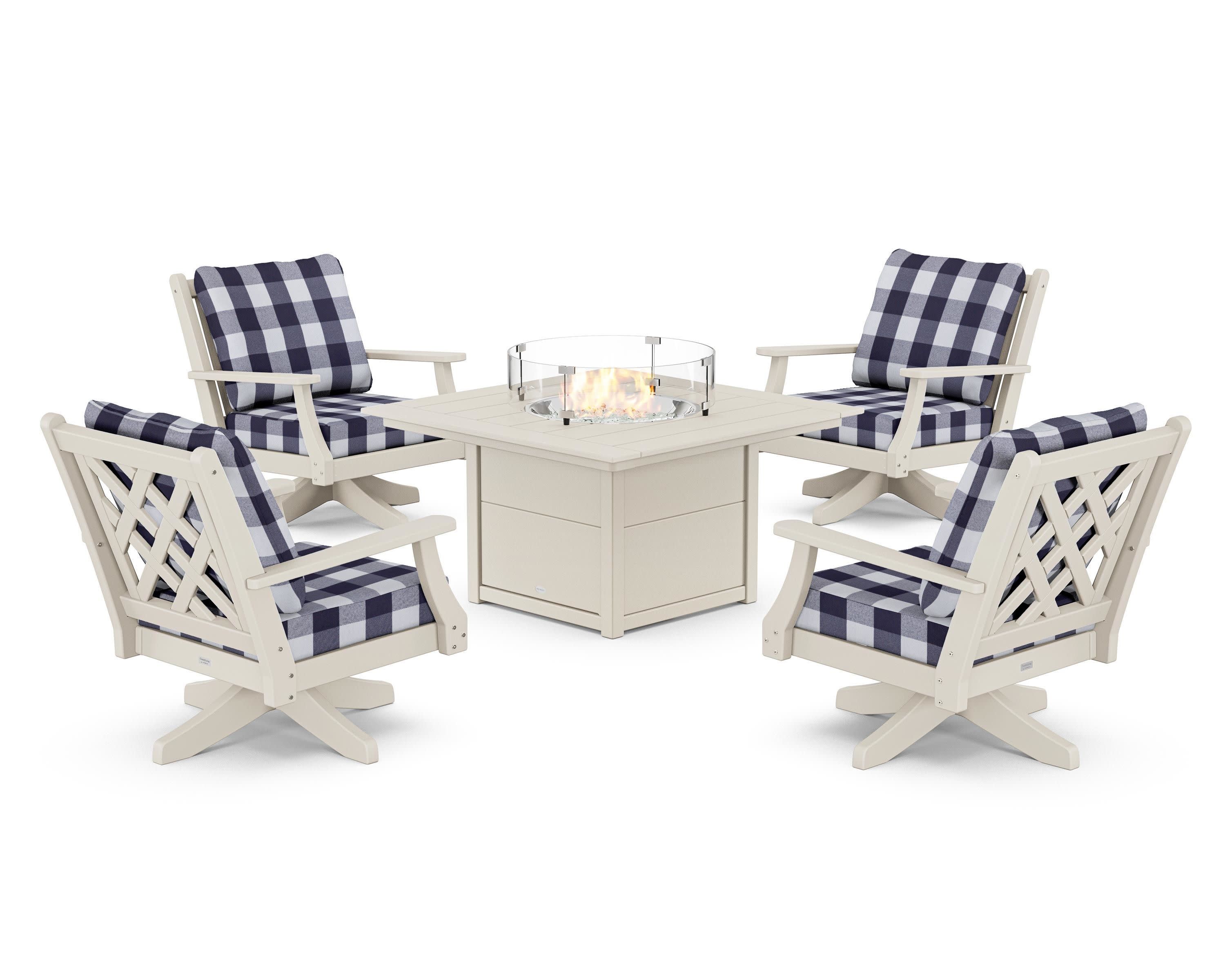 Wovendale 5-Piece Deep Seating Swivel Conversation Set with Fire Pit Table in Sand / Buffalo Plaid Navy