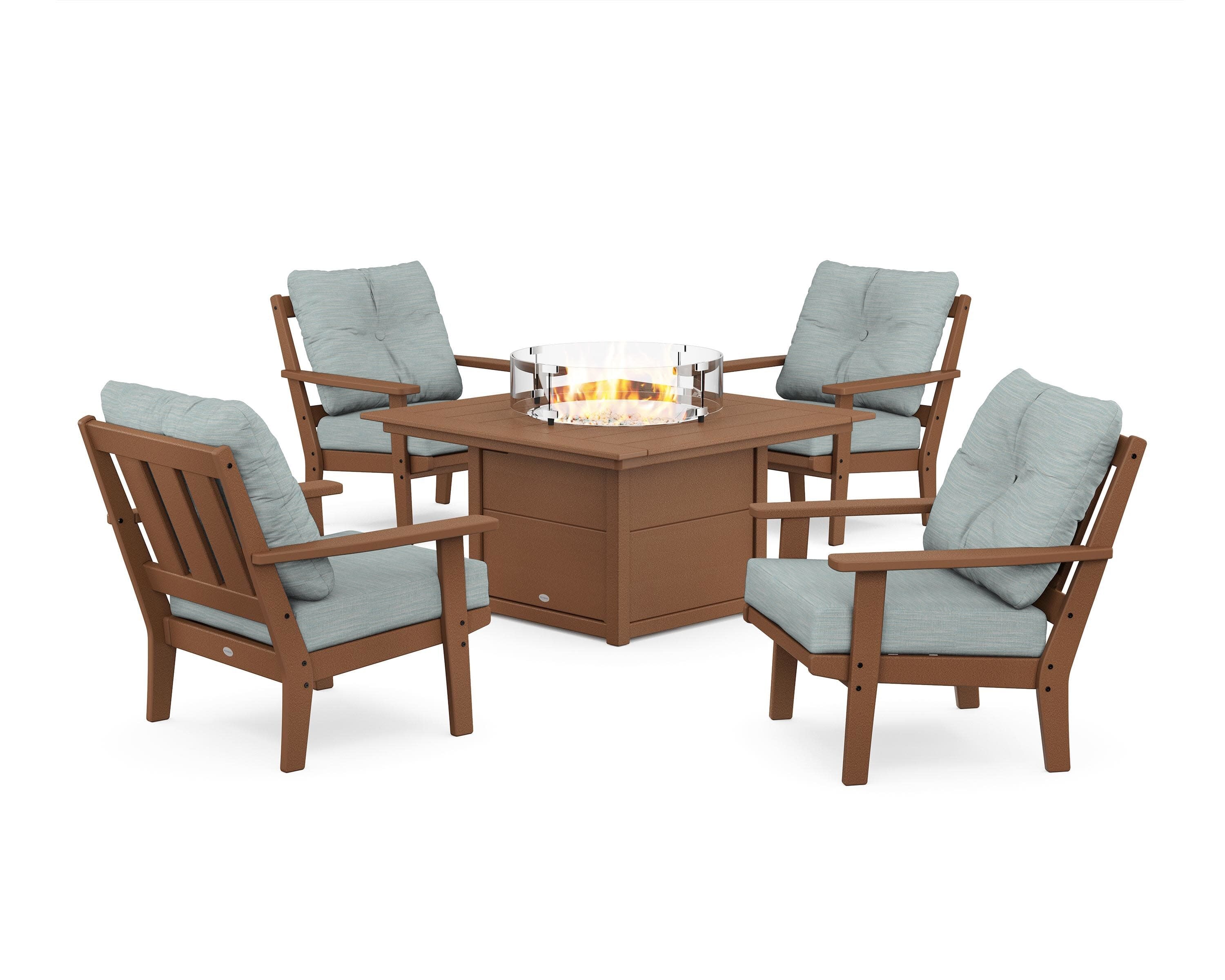 Oxford 5-Piece Deep Seating Set with Fire Pit Table in Teak / Soothe Mist