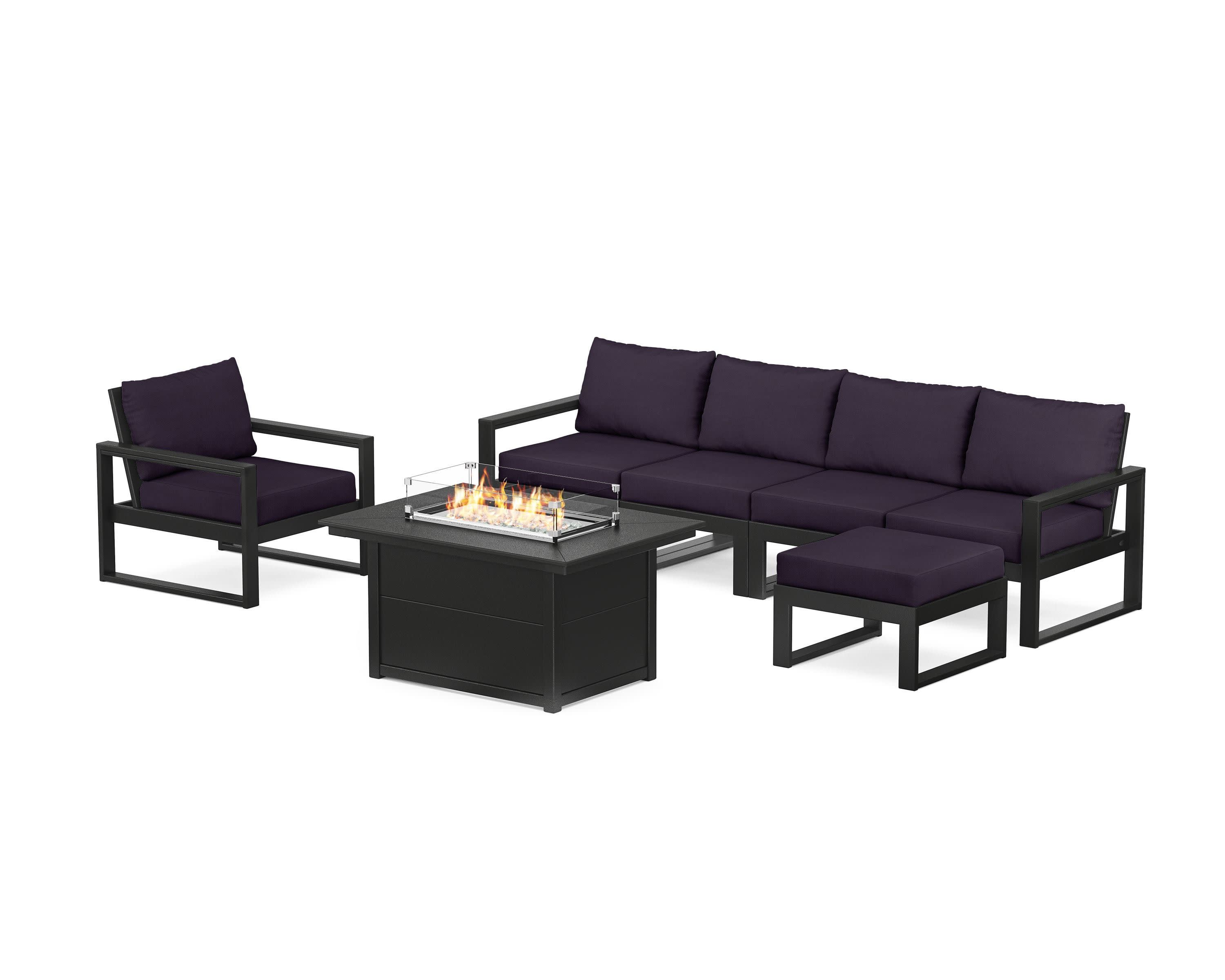 EDGE Sectional Lounge and Fire Pit Set in Black / Navy Linen