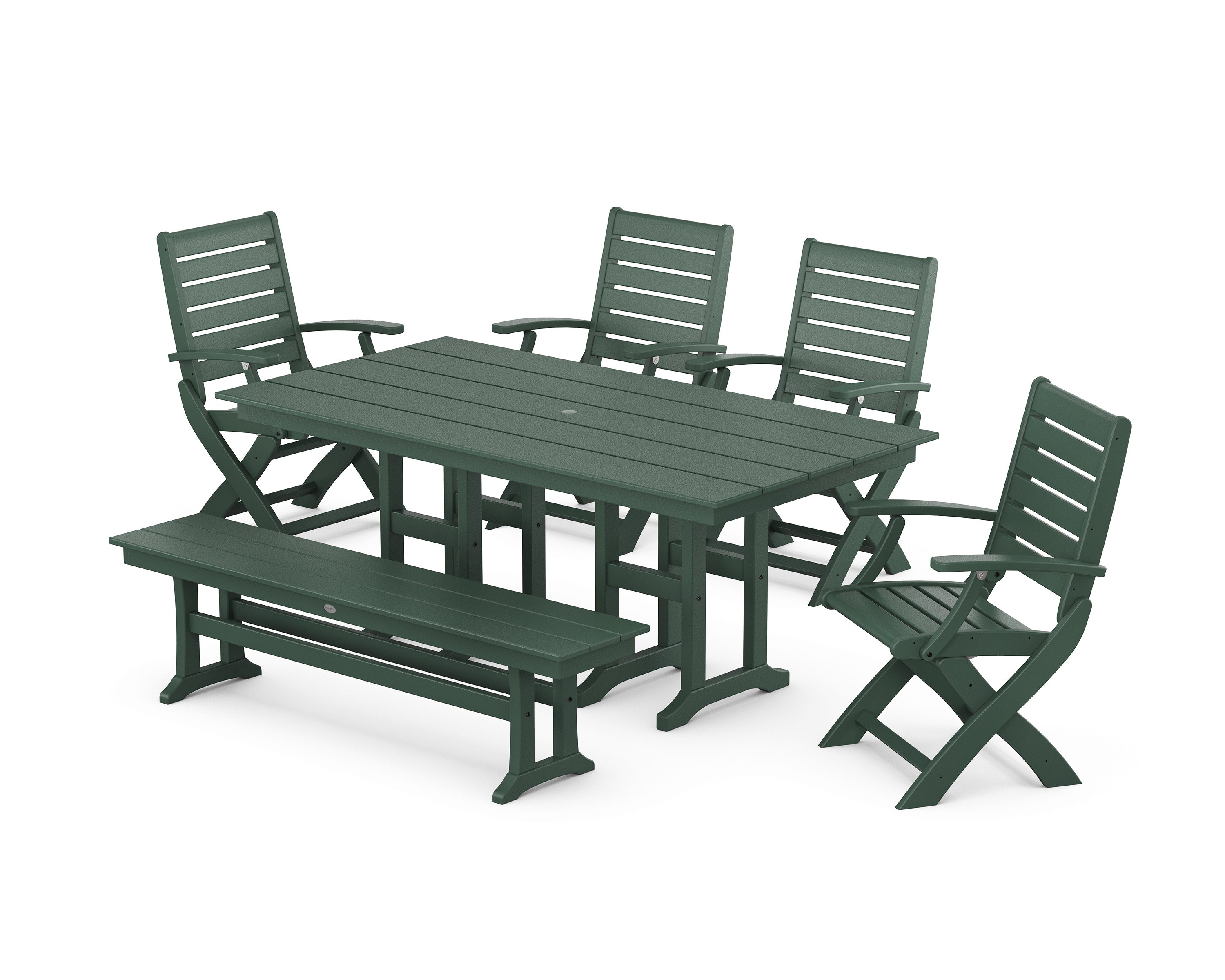 Signature Folding Chair 6-Piece Farmhouse Dining Set with Bench in Green