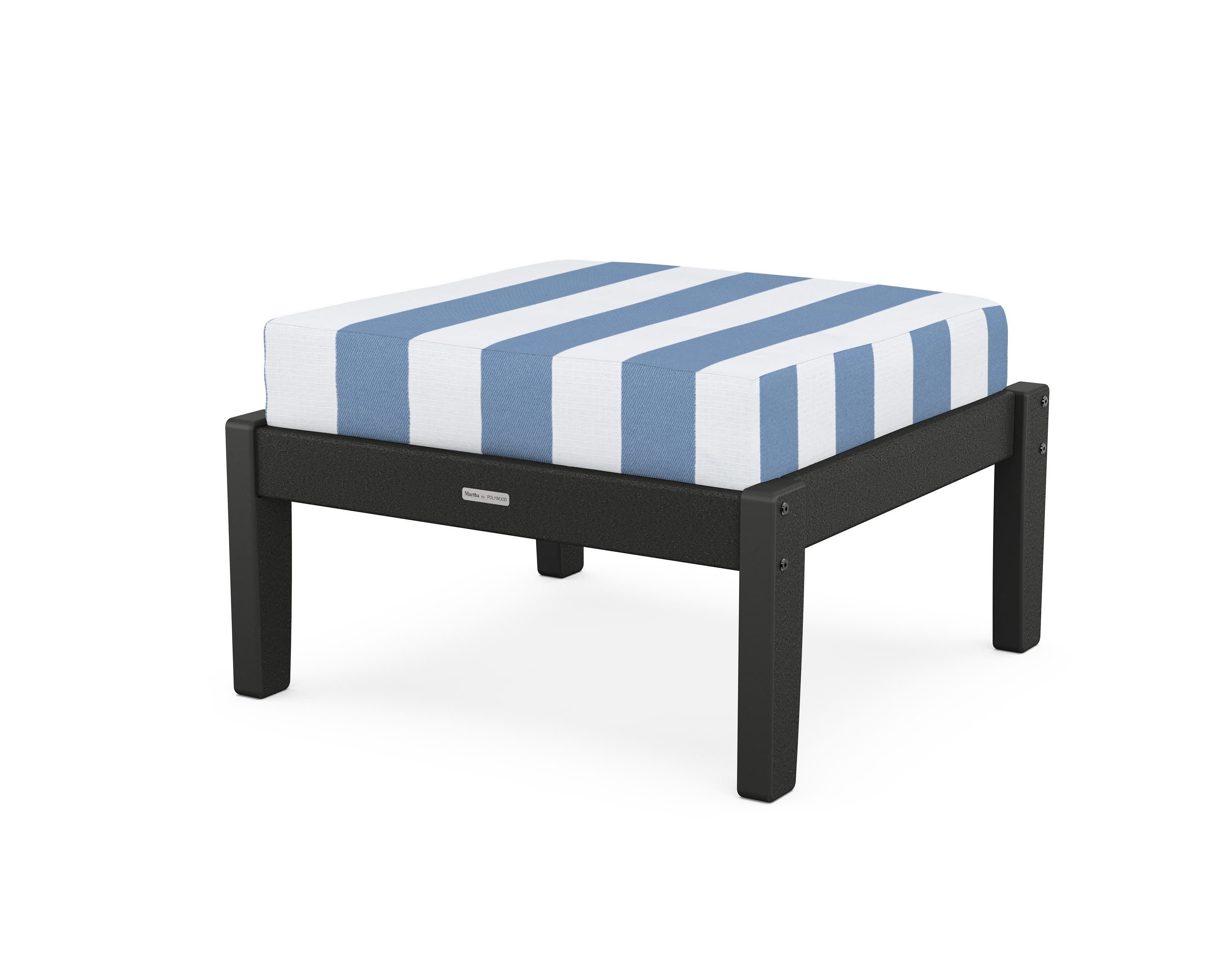 Chinoiserie Deep Seating Ottoman in Black / Cabana Stripe Sky Blue