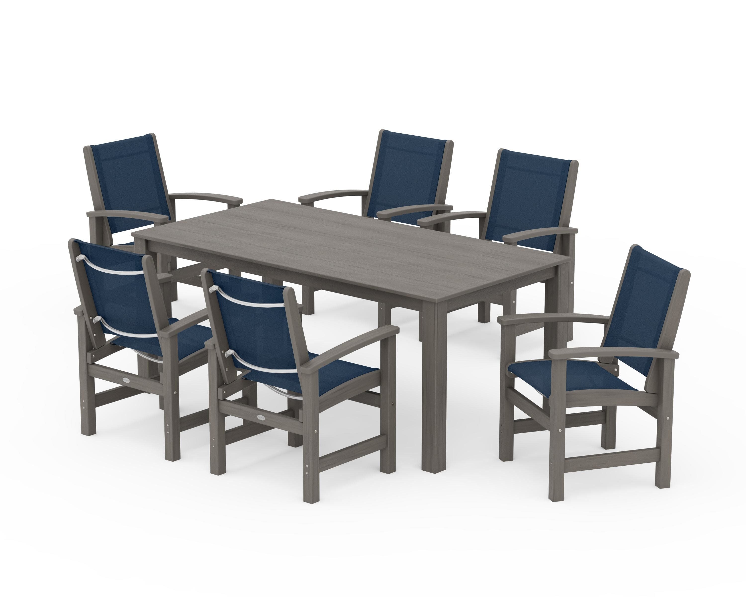 Coastal 7-Piece Parsons Dining Set in Driftwood / Navy Blue Sling