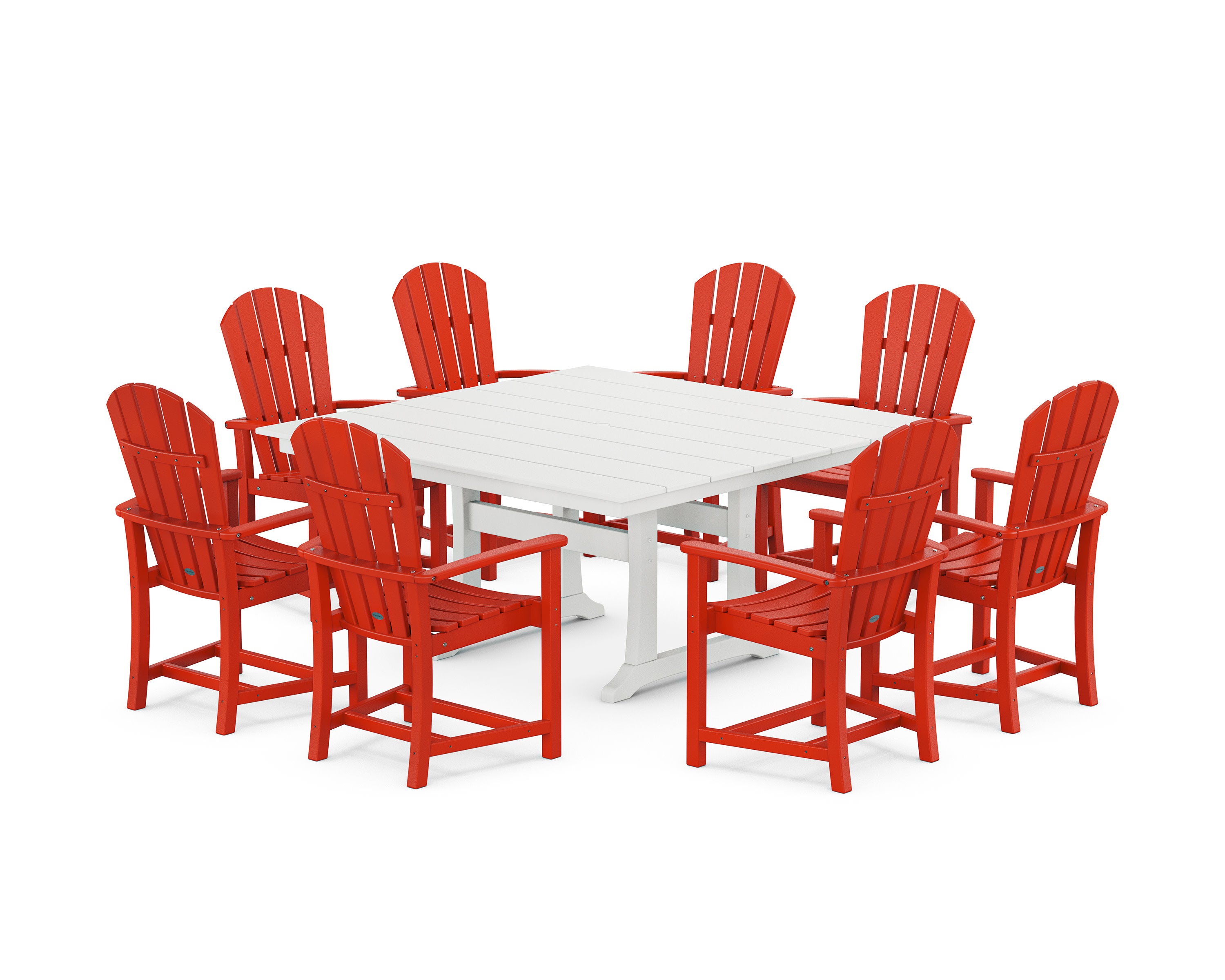 Palm Coast 9-Piece Square Farmhouse Dining Set with Trestle Legs in Sunset Red / White
