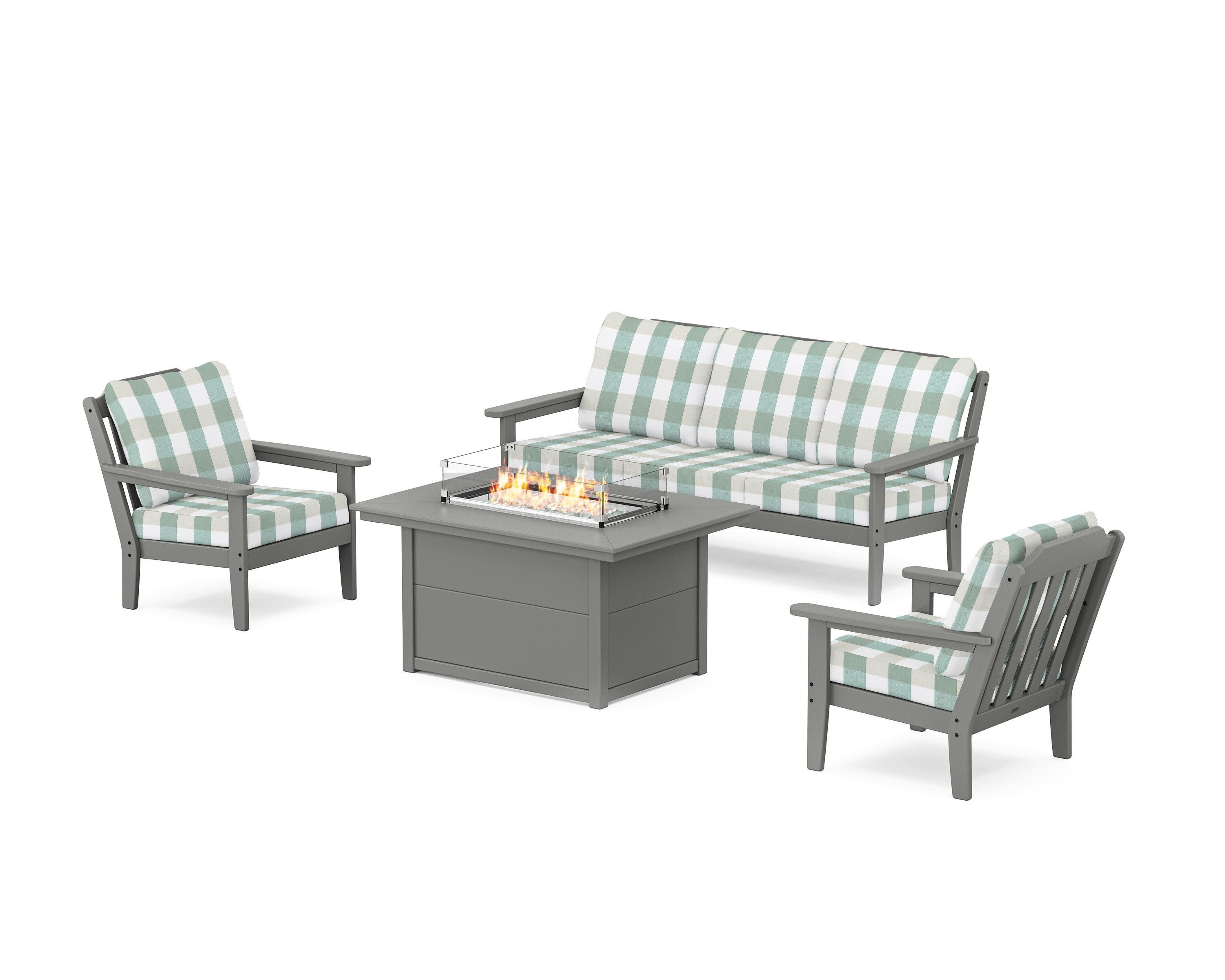 Cottage Deep Seating Fire Pit Table Set in Slate Grey / Buffalo Plaid Glacier Spa