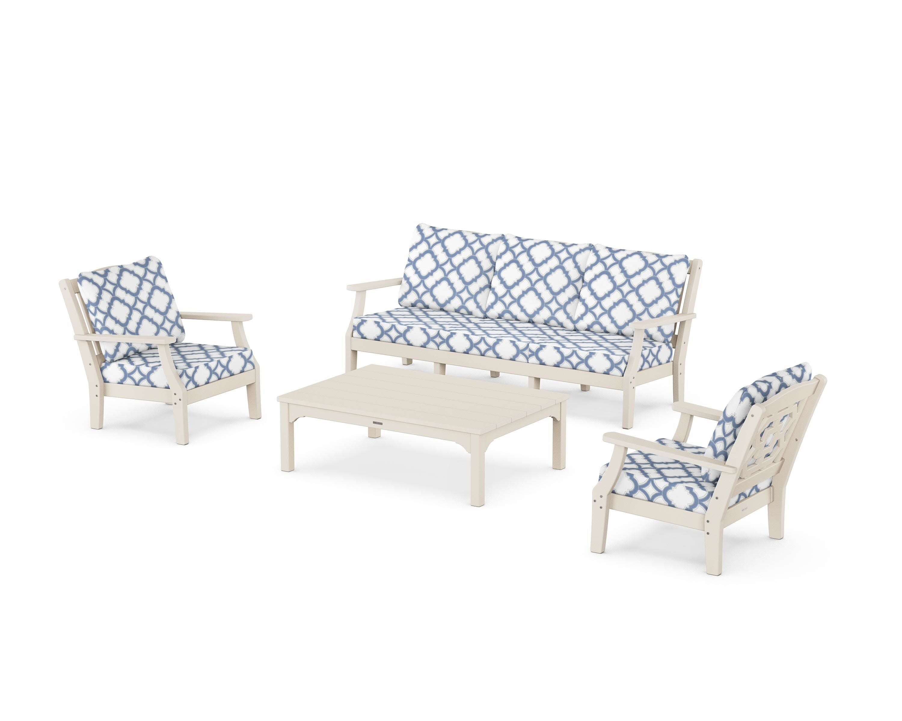 Chinoiserie 4-Piece Deep Seating Set with Sofa in Sand / Trellis Sky Blue