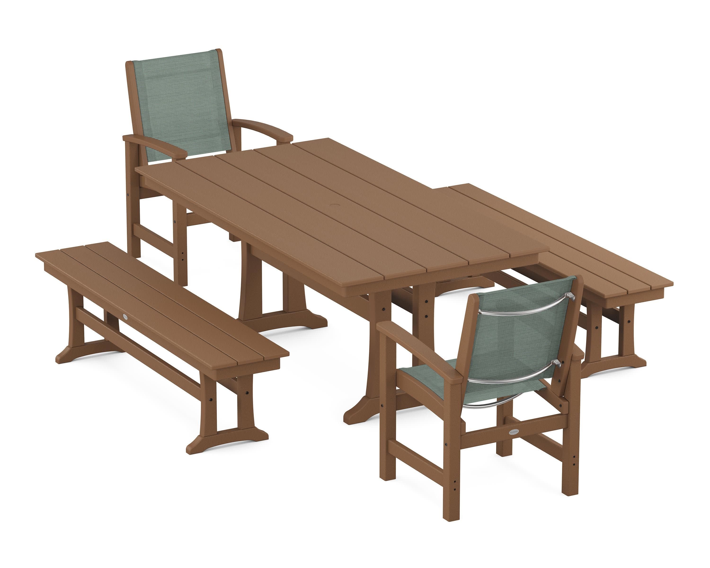 Coastal 5-Piece Farmhouse Dining Set with Trestle Legs and Benches in Teak / Dupioni Sea Mist Sling