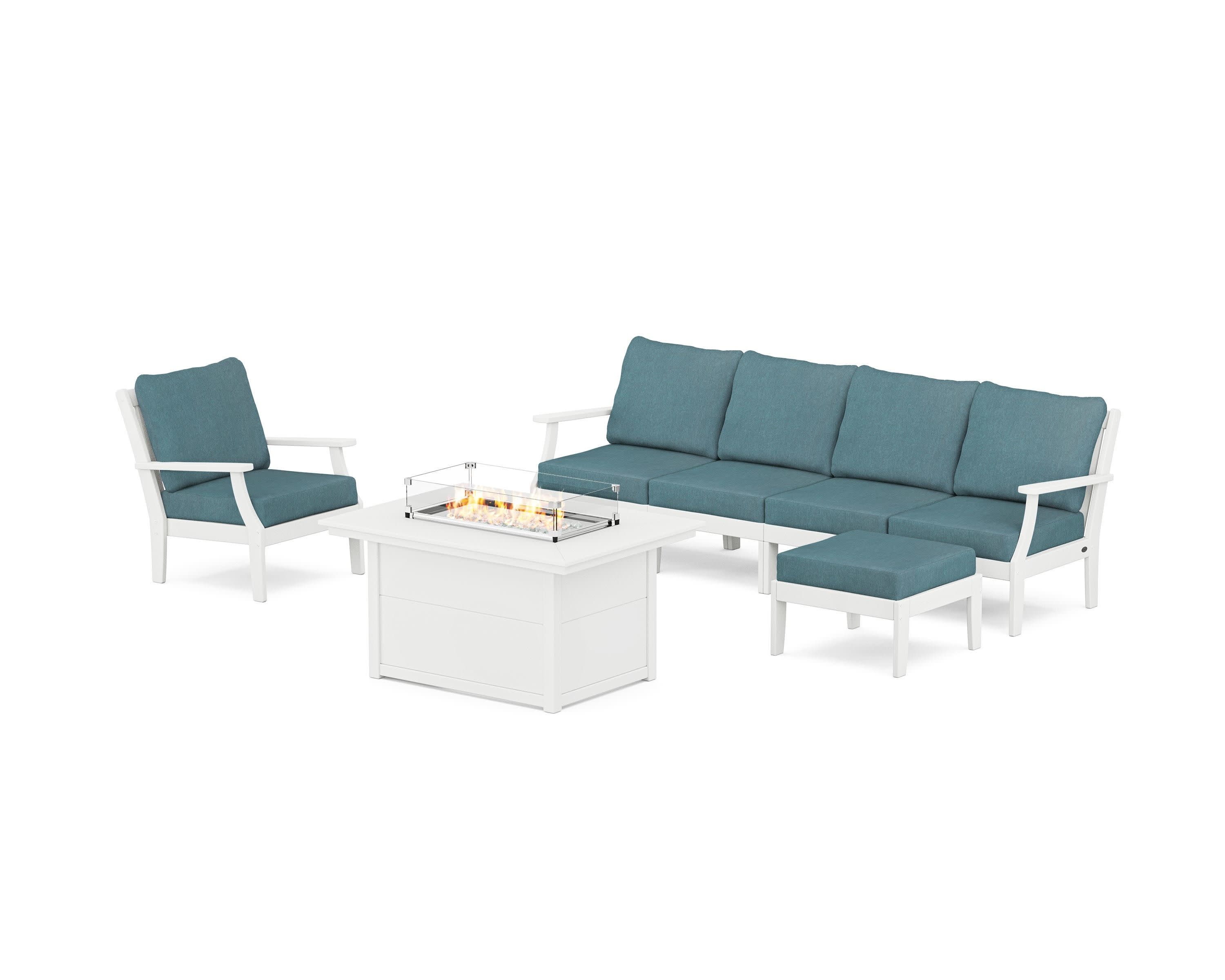 Braxton Sectional Lounge and Fire Pit Set in White / Ocean Teal