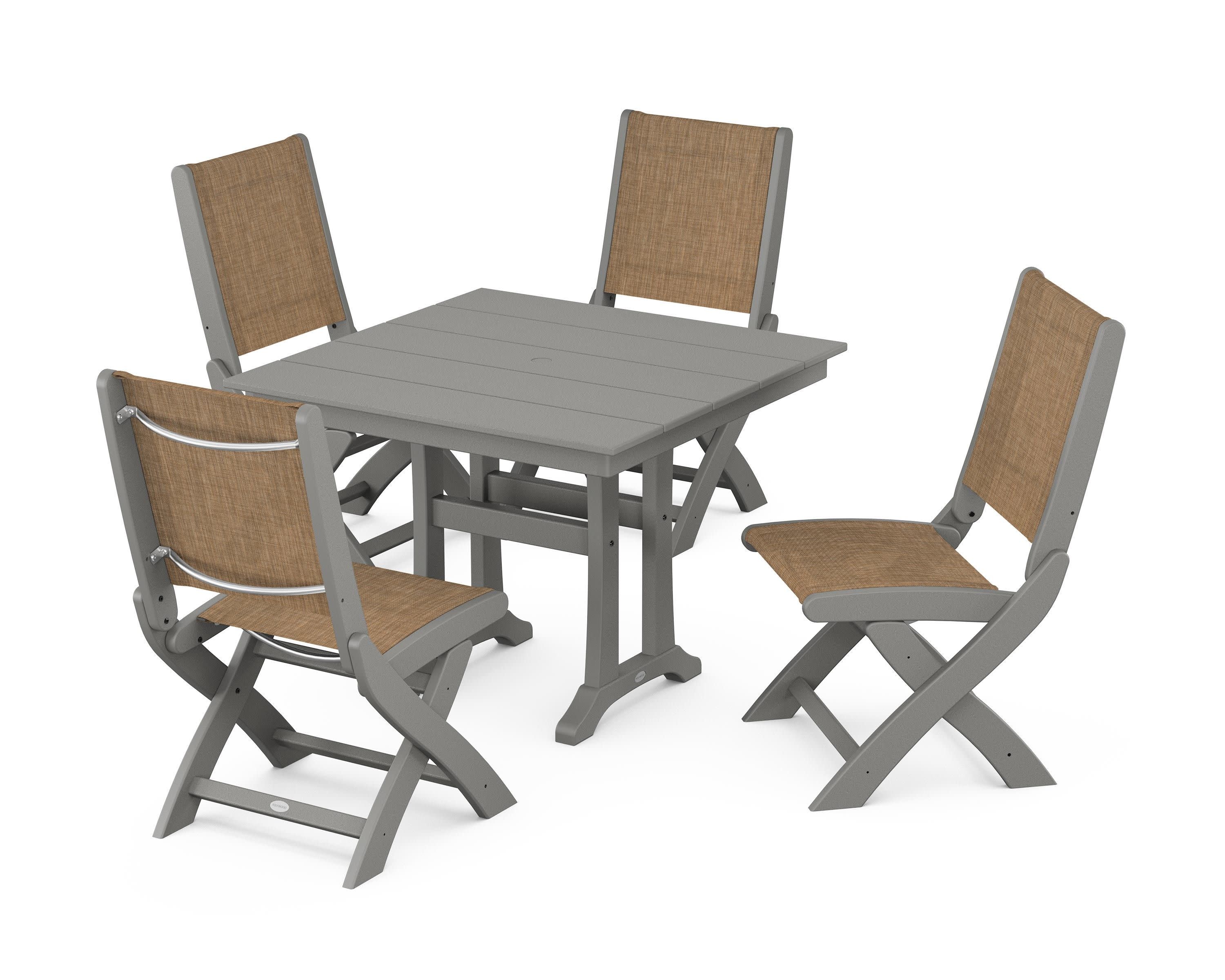Coastal Folding Side Chair 5-Piece Farmhouse Dining Set With Trestle Legs in Slate Grey / Burlap Sling
